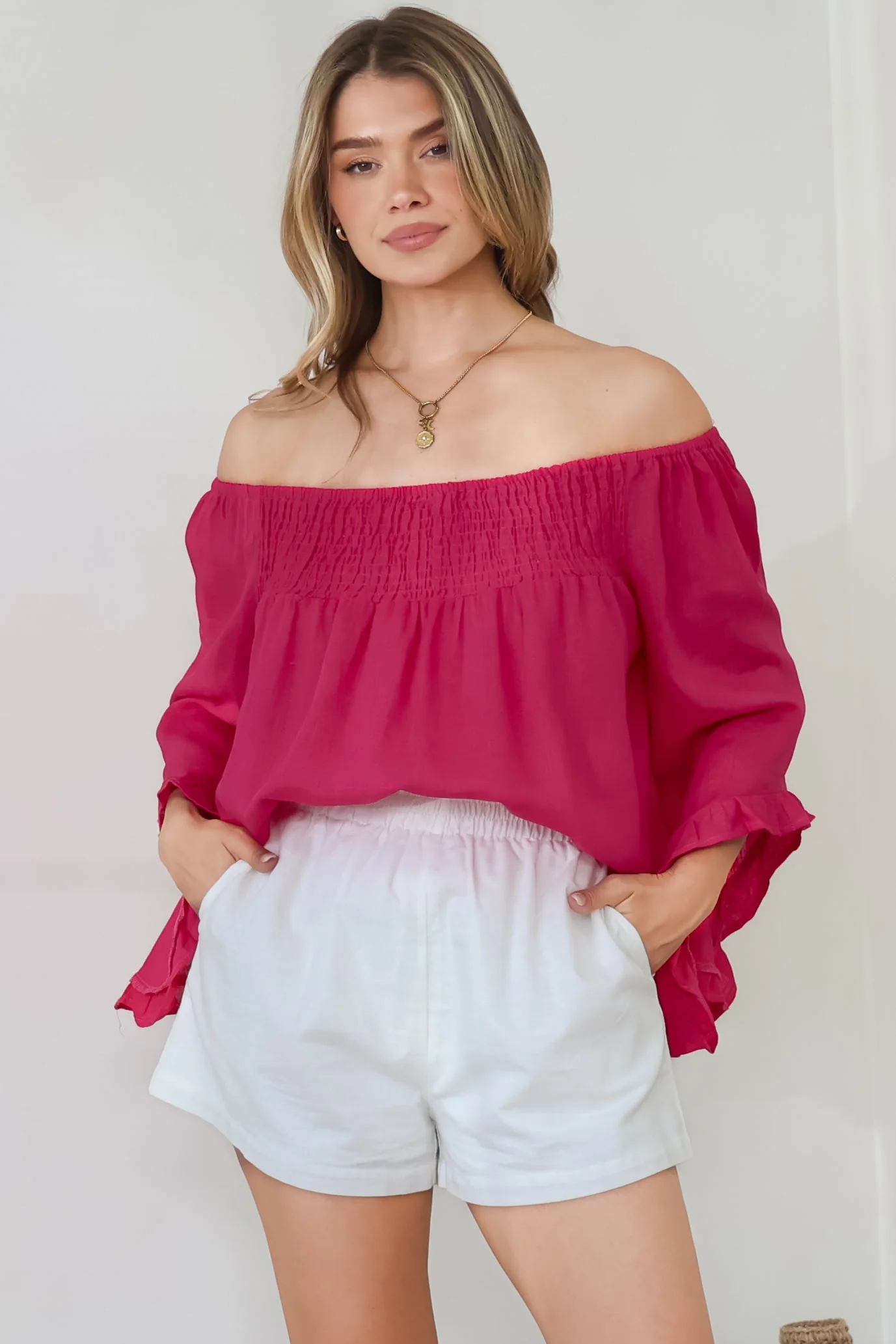 Aviva Top - Off Shoulder Handkerchief Sleeve Pull Over in Hot Pink - Image 4