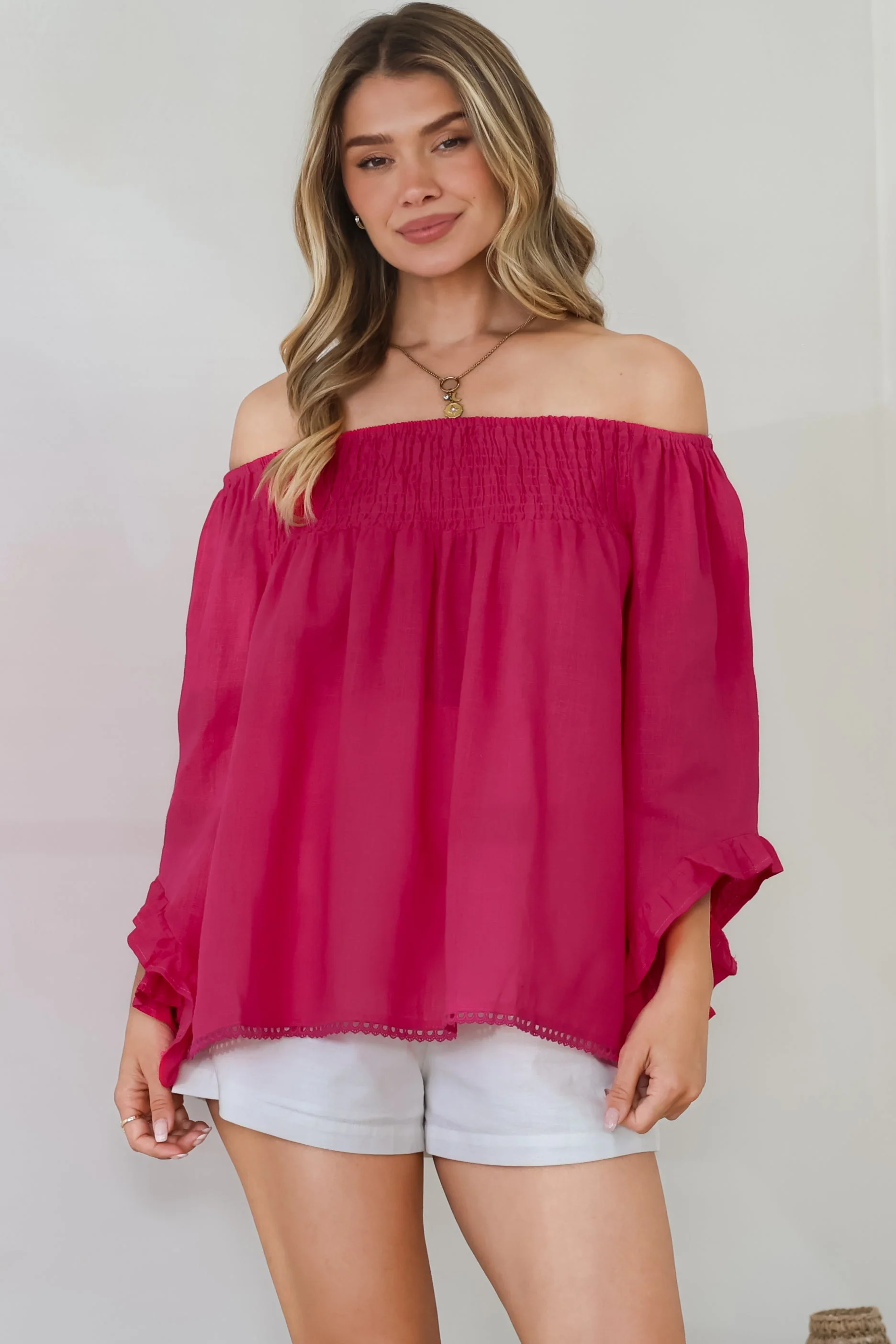 Aviva Top - Off Shoulder Handkerchief Sleeve Pull Over in Hot Pink - Image 5