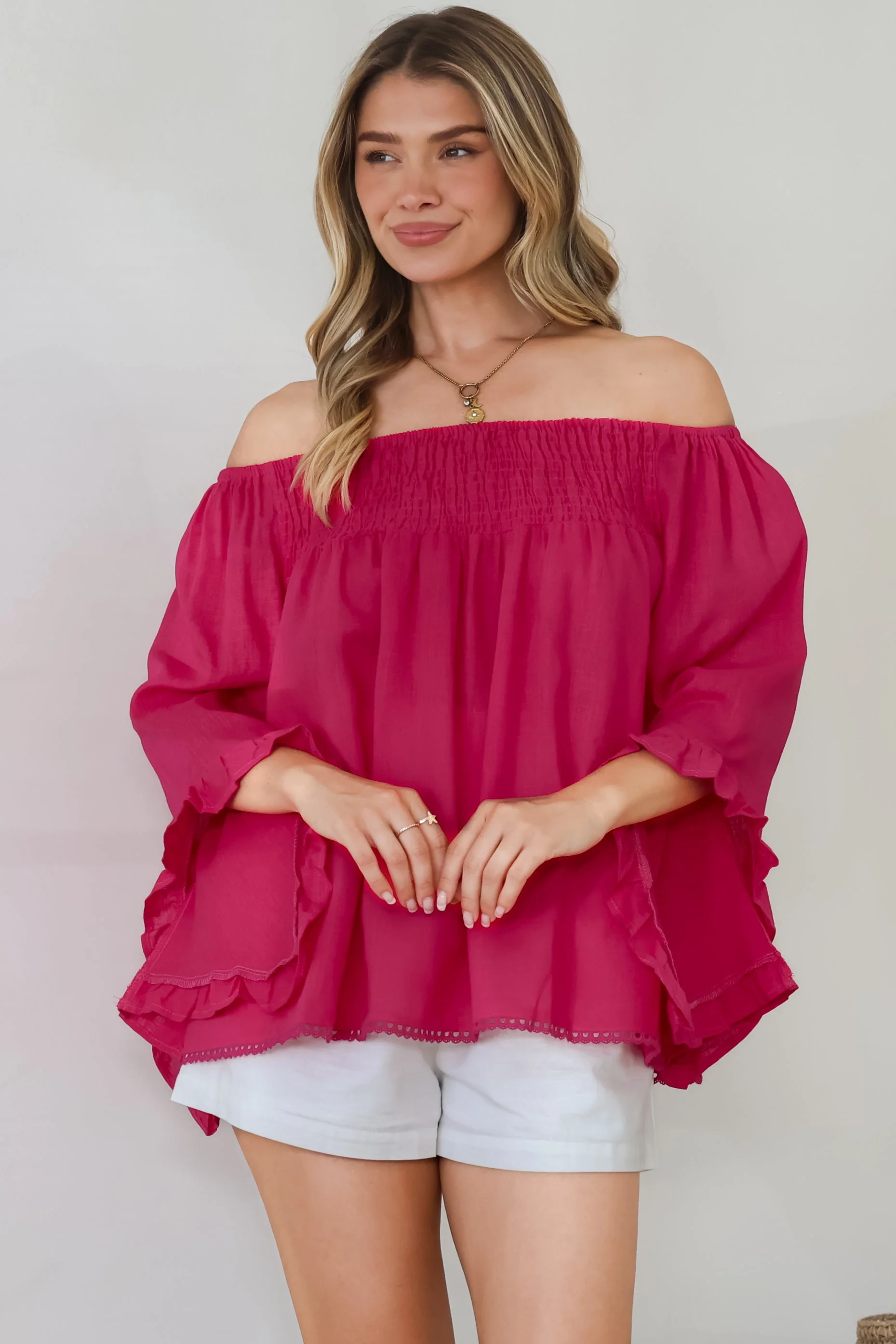 Aviva Top - Off Shoulder Handkerchief Sleeve Pull Over in Hot Pink - Image 6