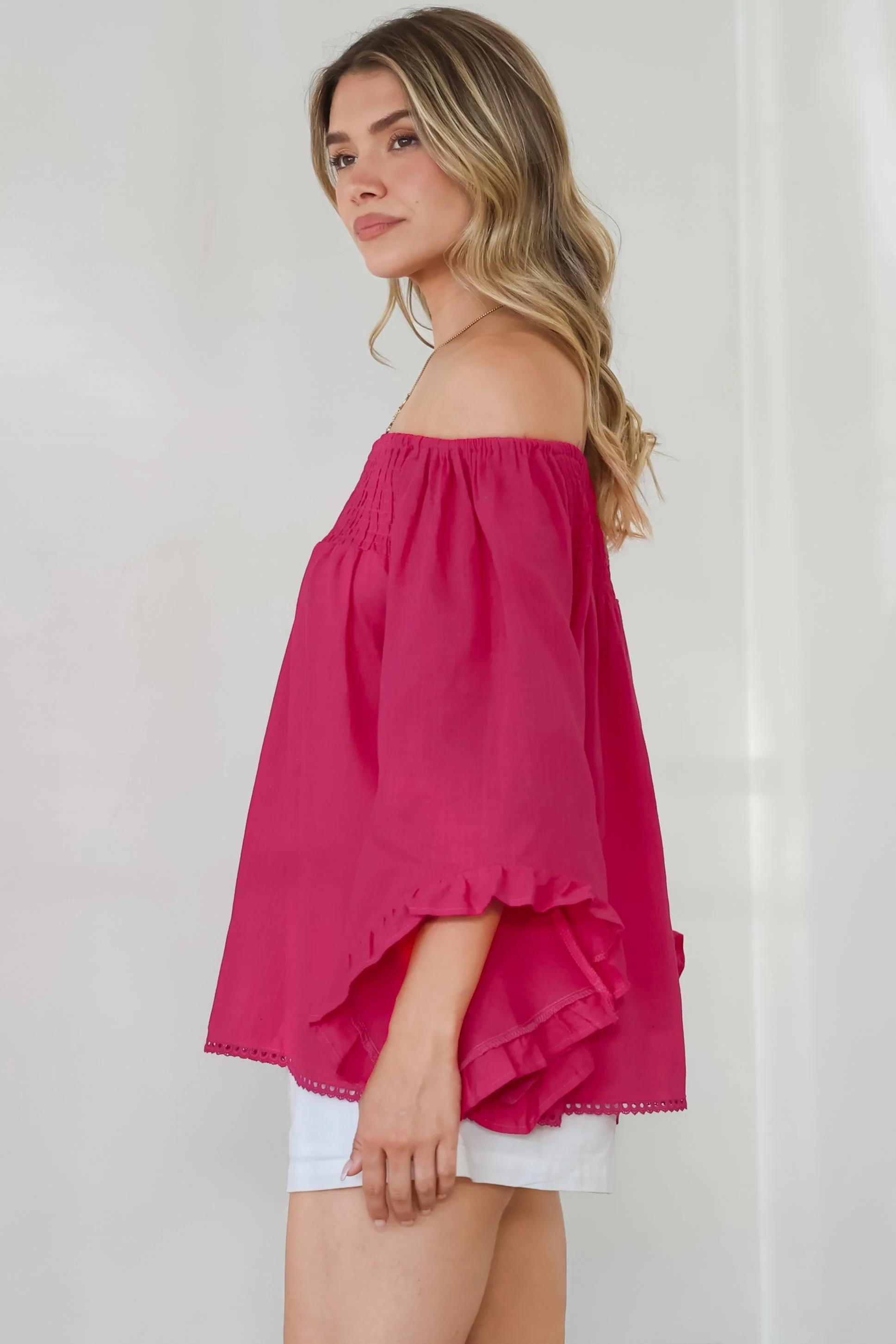 Aviva Top - Off Shoulder Handkerchief Sleeve Pull Over in Hot Pink - Image 7