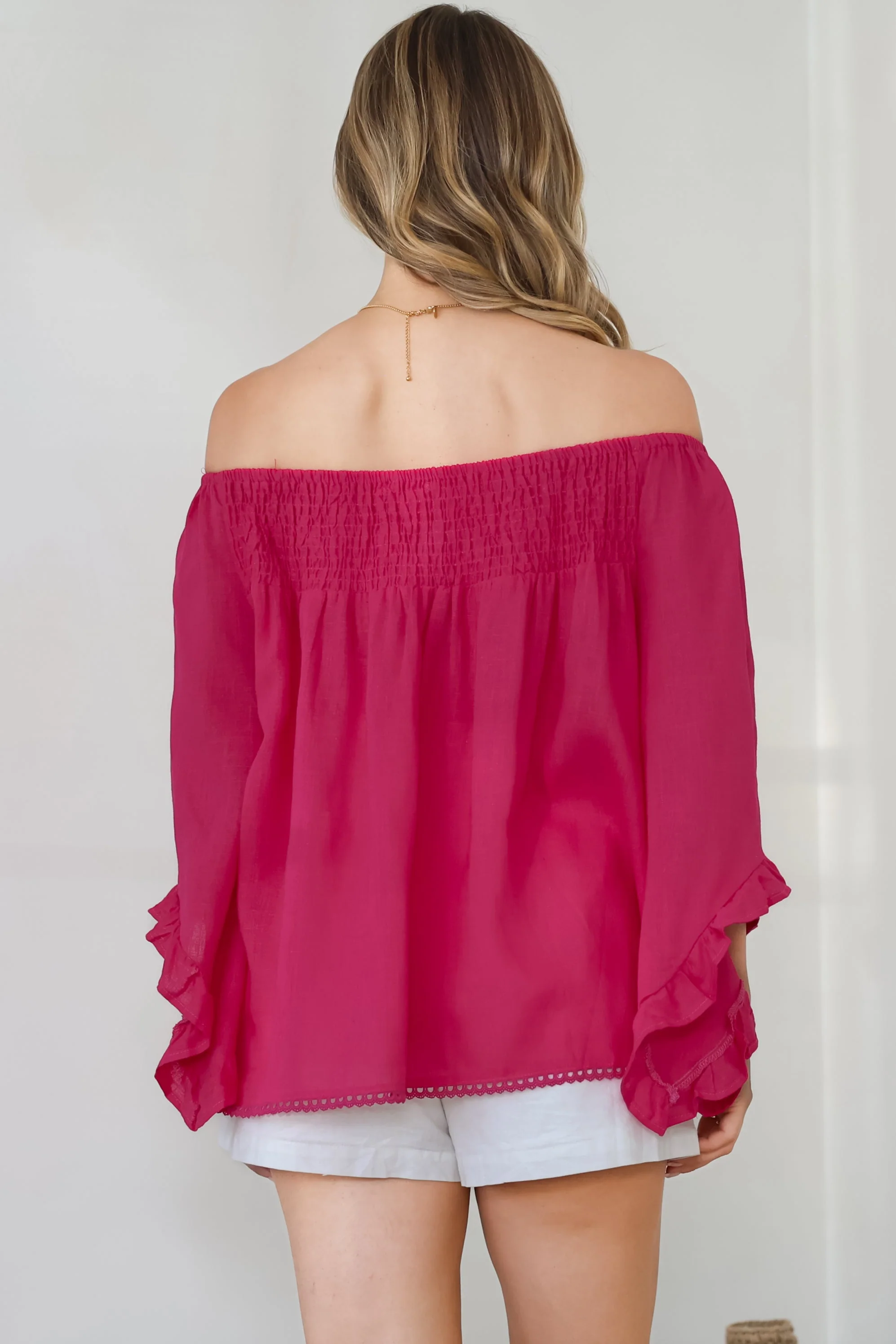 Aviva Top - Off Shoulder Handkerchief Sleeve Pull Over in Hot Pink - Image 8