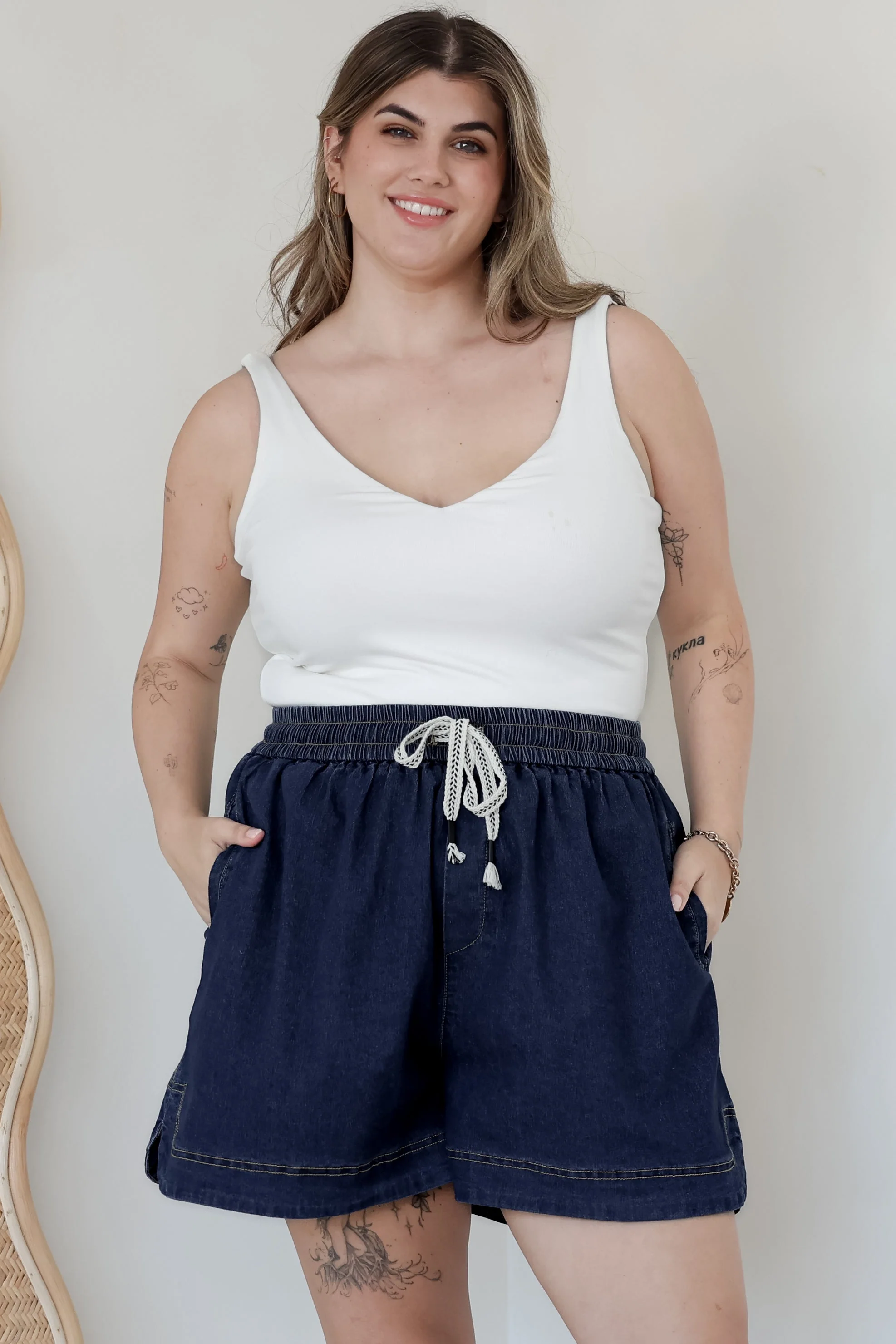 Aydar Denim Shorts - High Waisted Scoop Hemline Shorts in Dark Denim - Image 2