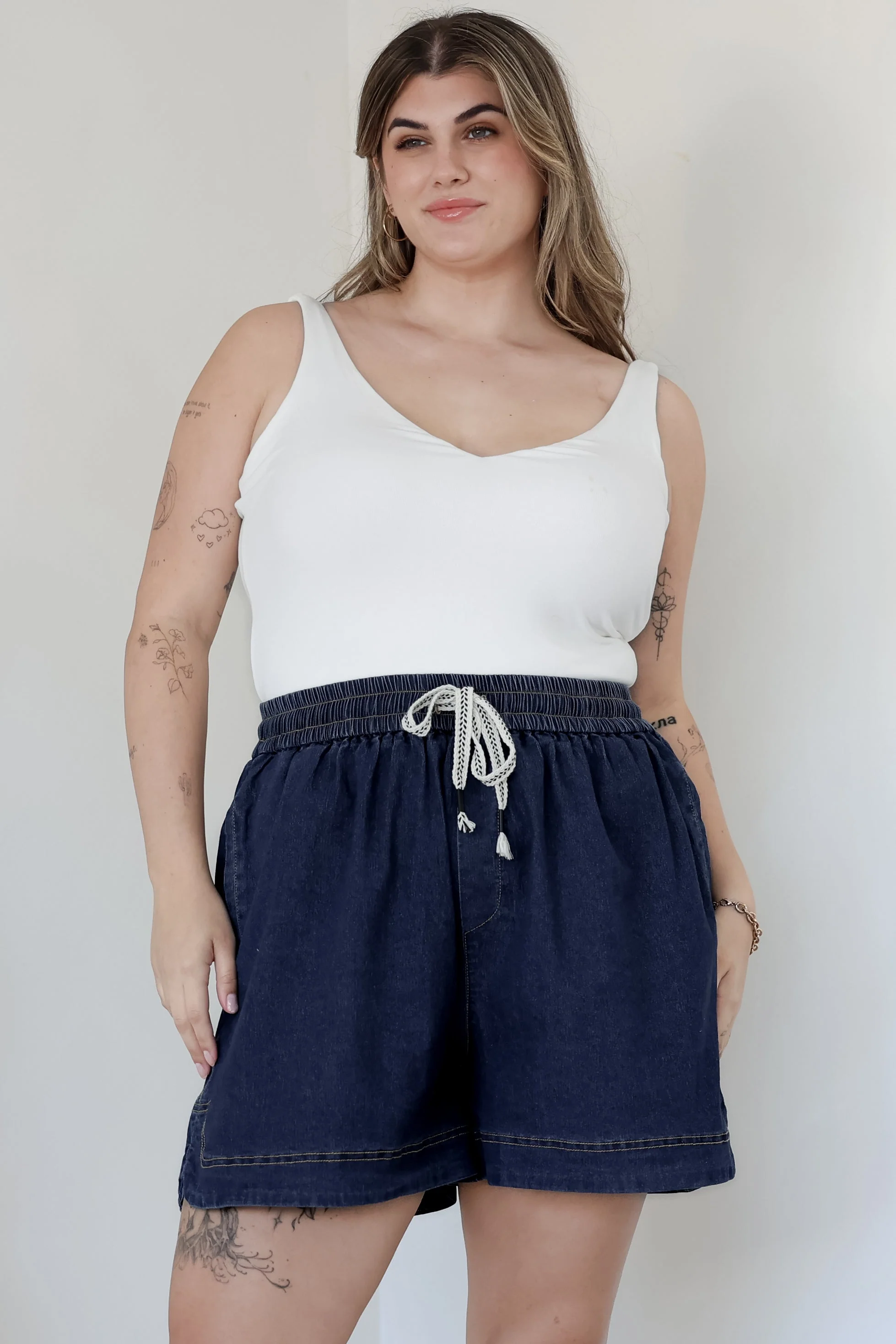 Aydar Denim Shorts - High Waisted Scoop Hemline Shorts in Dark Denim - Image 5