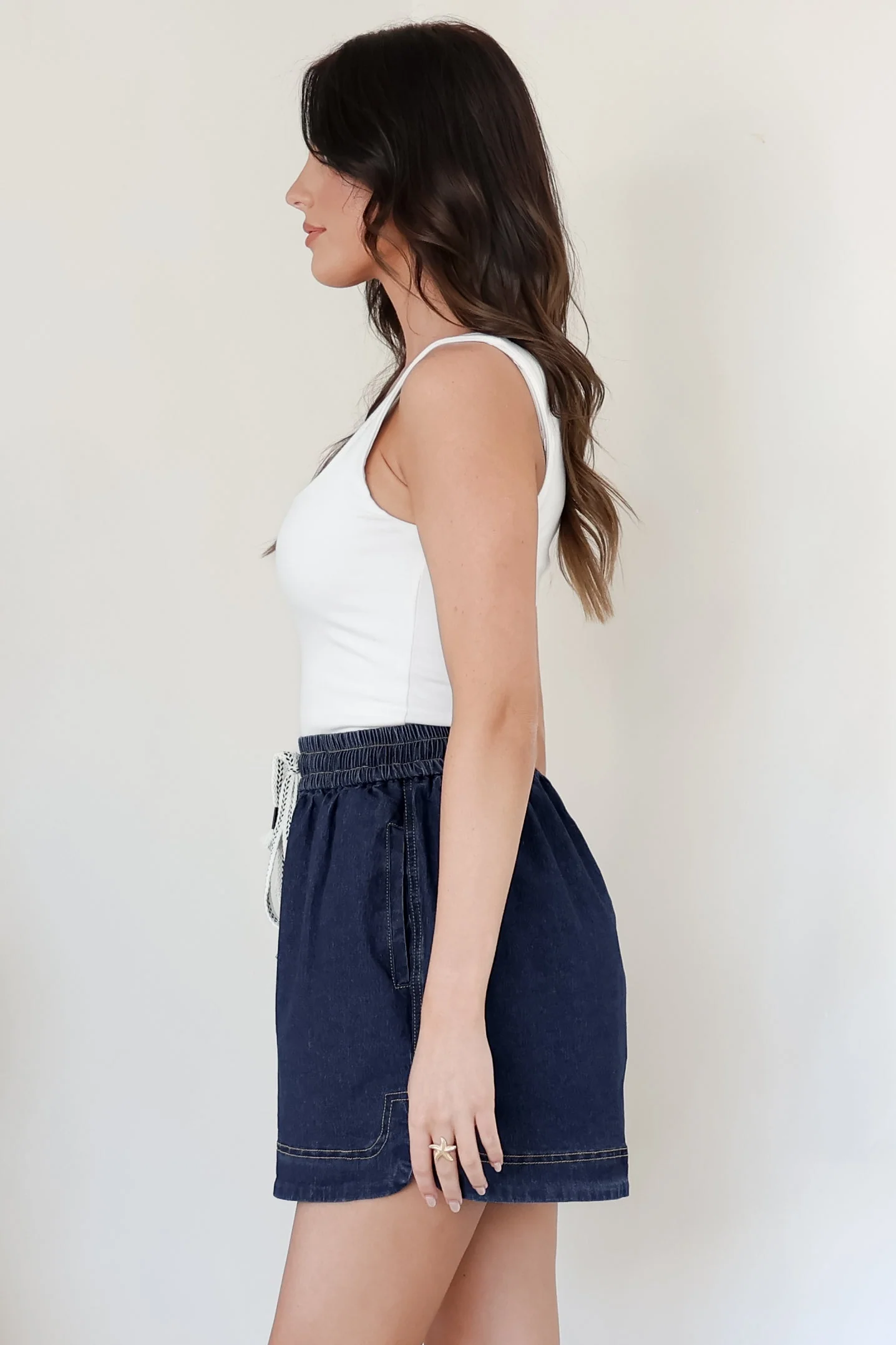 Aydar Denim Shorts - High Waisted Scoop Hemline Shorts in Dark Denim - Image 8
