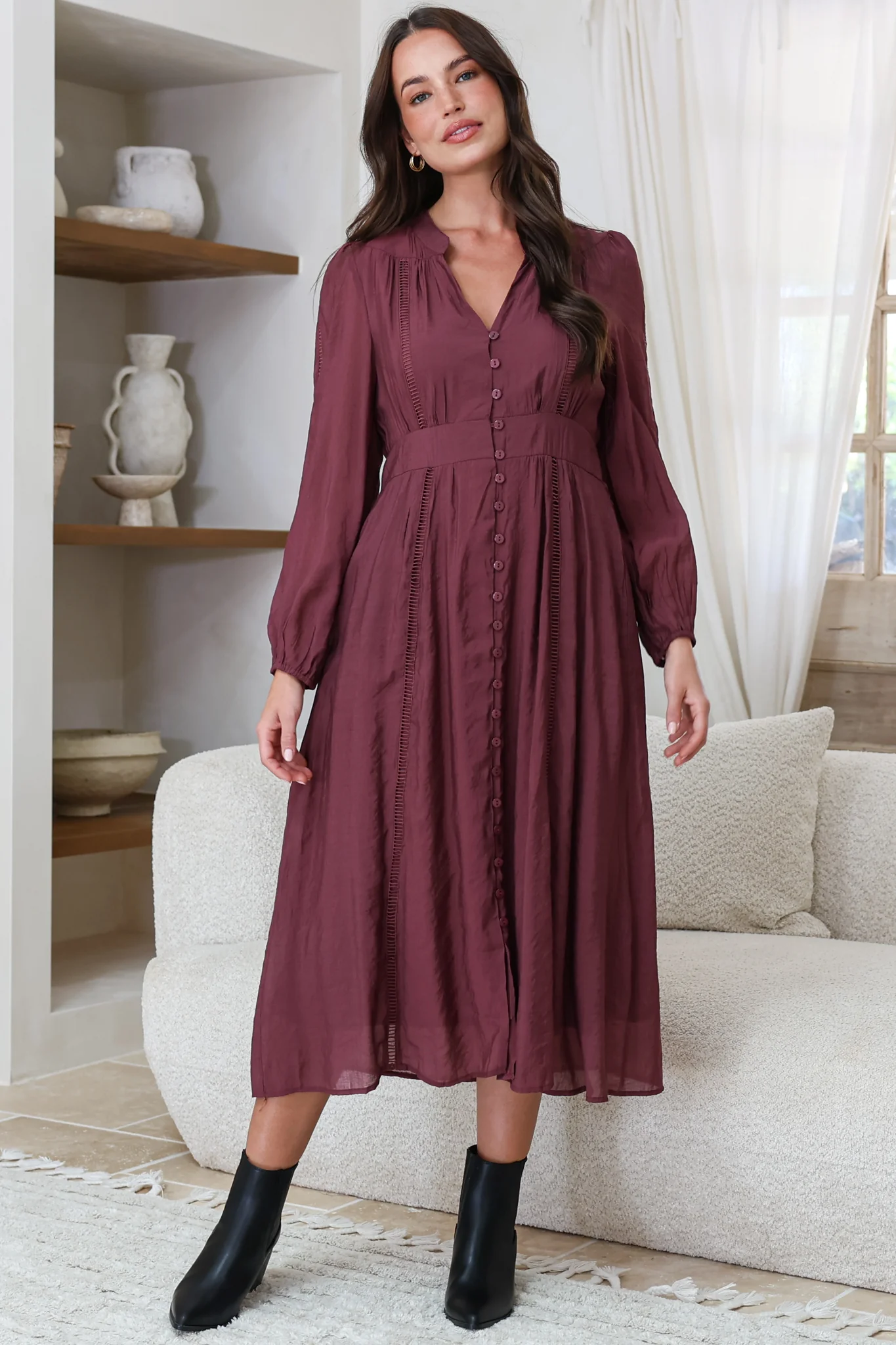 Aylon Midi Dress - Delicately Detailed Mandarin Collar Dress with Long Sleeves in Merlot
