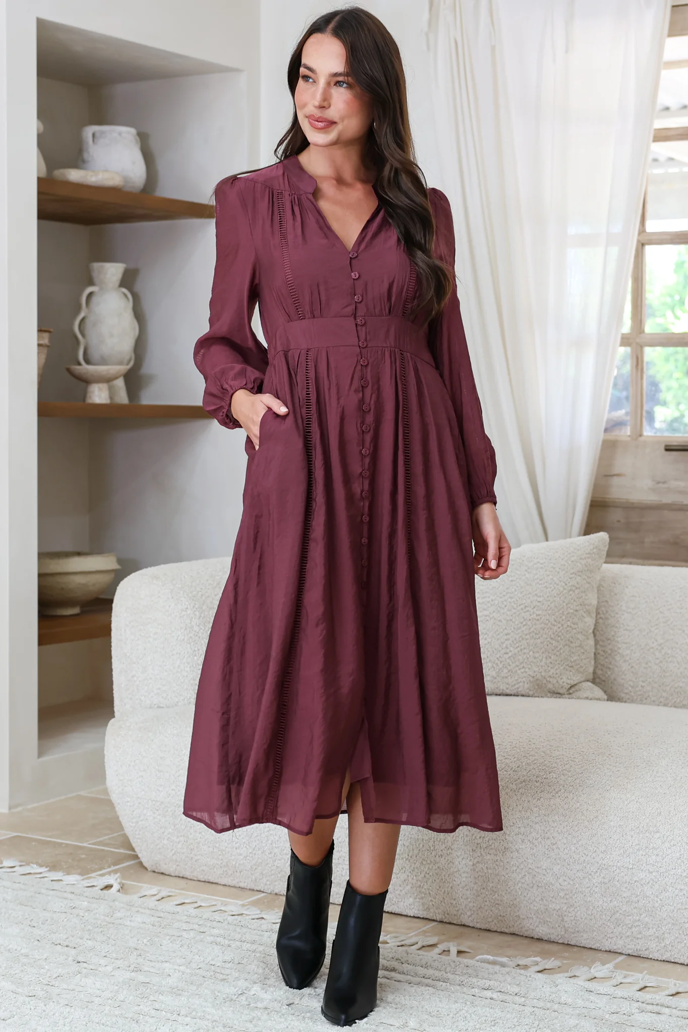 Aylon Midi Dress - Delicately Detailed Mandarin Collar Dress with Long Sleeves in Merlot - Image 2