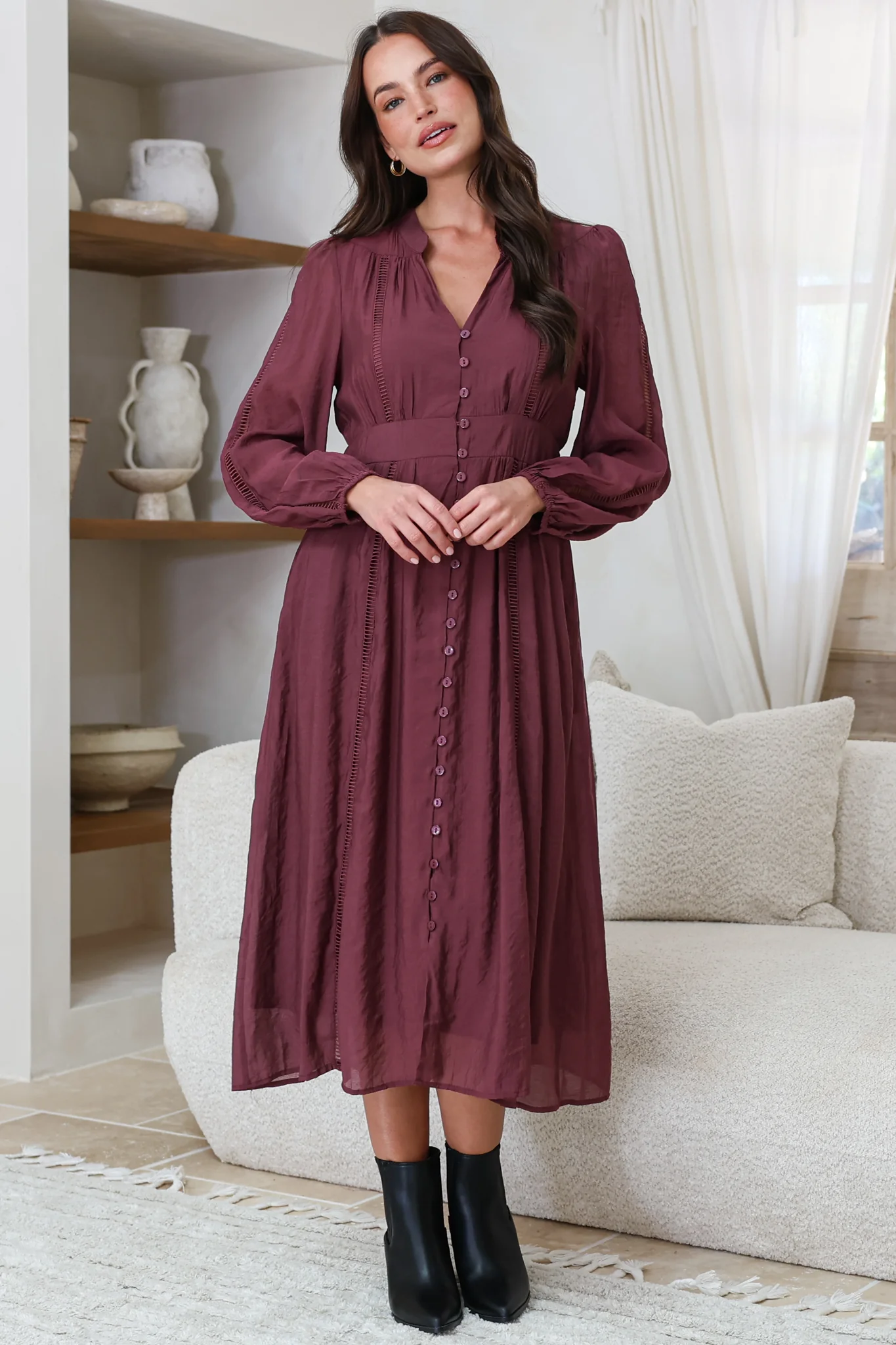 Aylon Midi Dress - Delicately Detailed Mandarin Collar Dress with Long Sleeves in Merlot - Image 3
