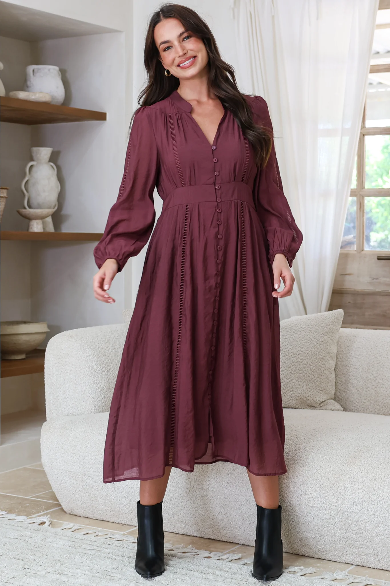 Aylon Midi Dress - Delicately Detailed Mandarin Collar Dress with Long Sleeves in Merlot - Image 4