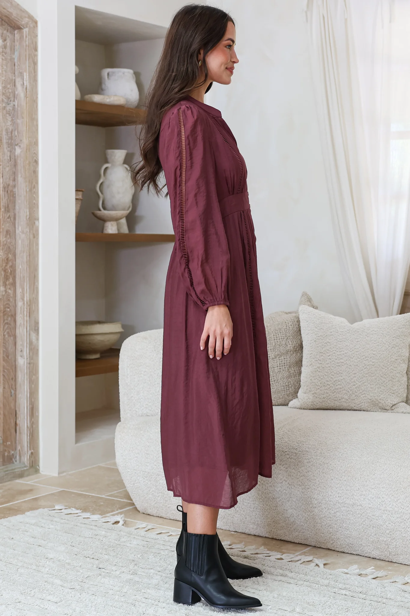 Aylon Midi Dress - Delicately Detailed Mandarin Collar Dress with Long Sleeves in Merlot - Image 5