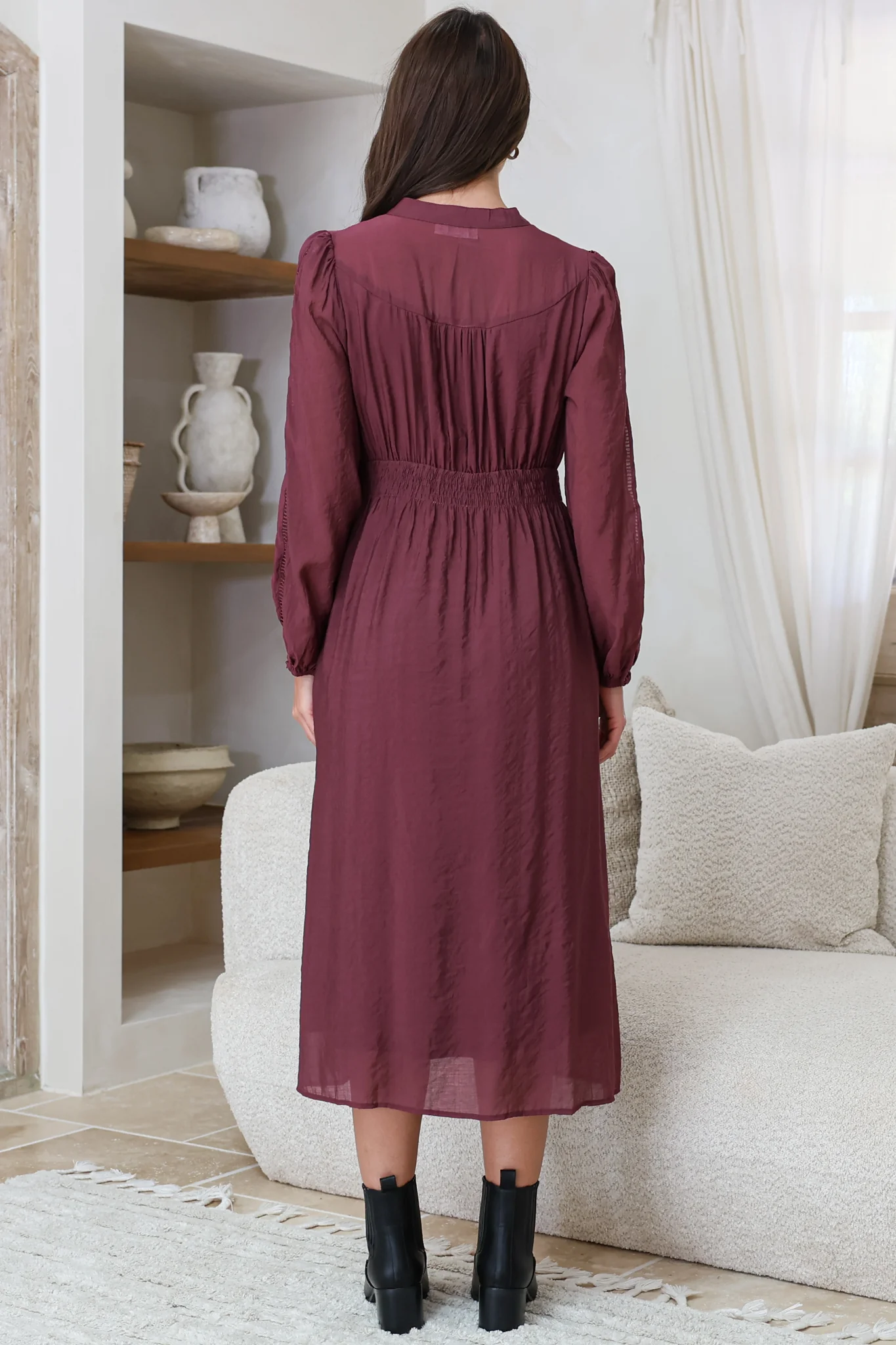Aylon Midi Dress - Delicately Detailed Mandarin Collar Dress with Long Sleeves in Merlot - Image 6
