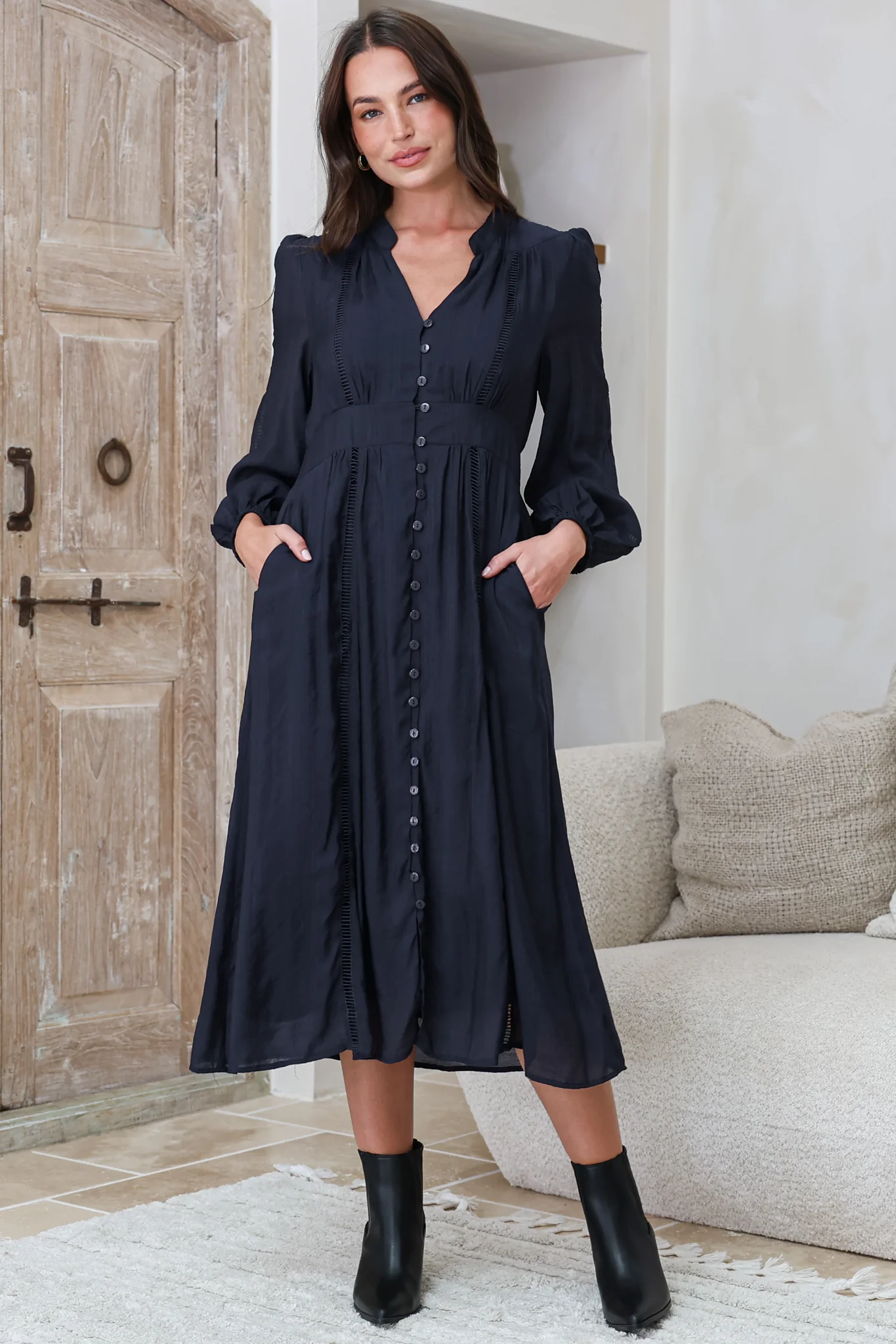 Aylon Midi Dress - Delicately Detailed Mandarin Collar Dress with Long Sleeves in Navy - Image 2