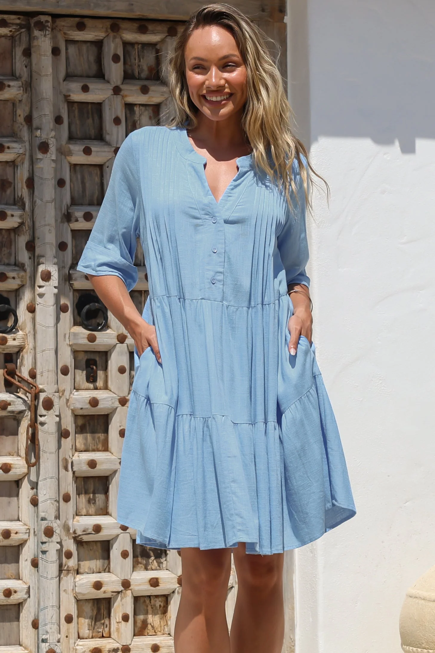 Ayva Mini Dress - 3/4 Sleeve Tiered Smock Dress in Blue - Image 2