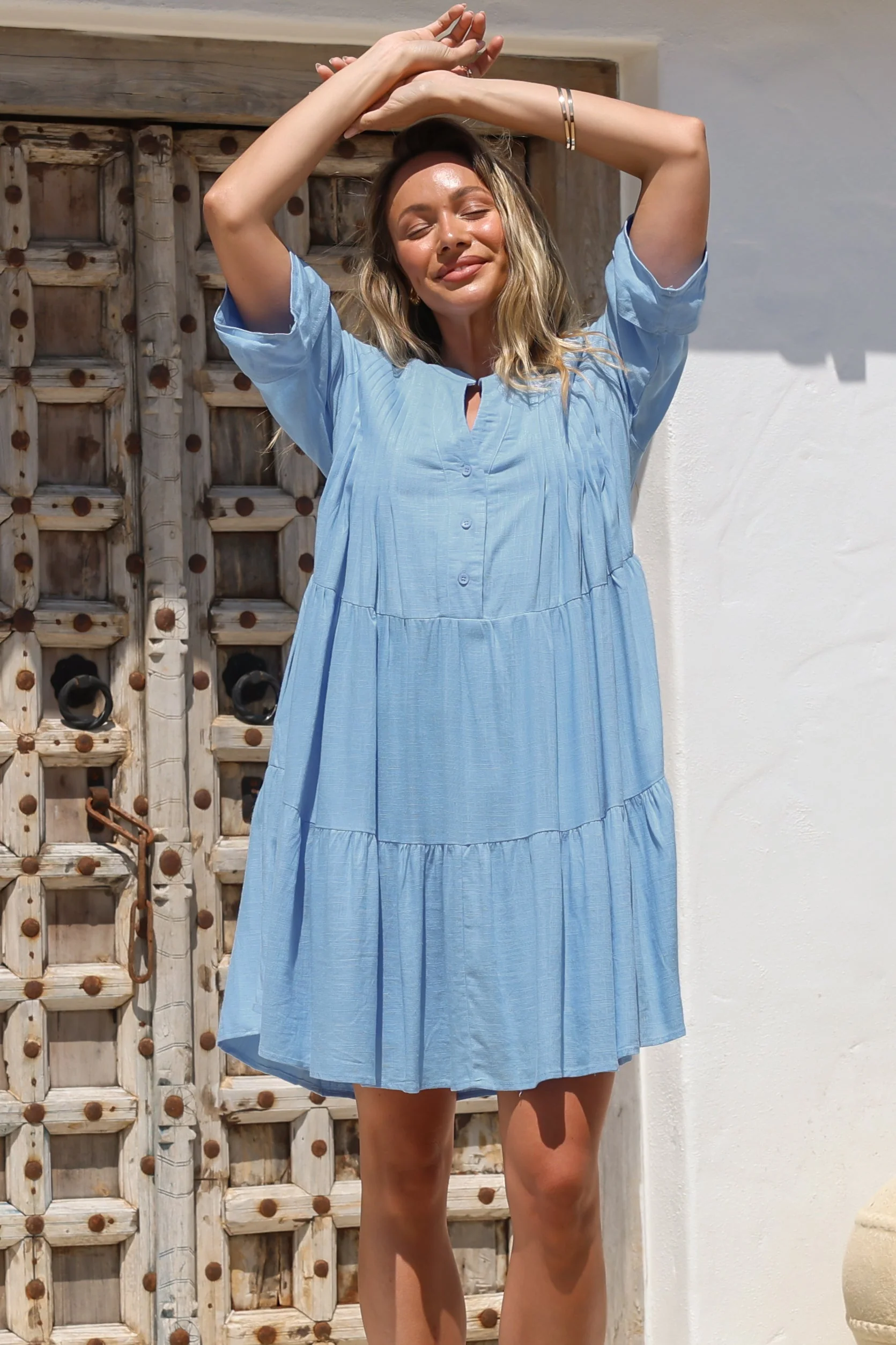Ayva Mini Dress - 3/4 Sleeve Tiered Smock Dress in Blue - Image 4