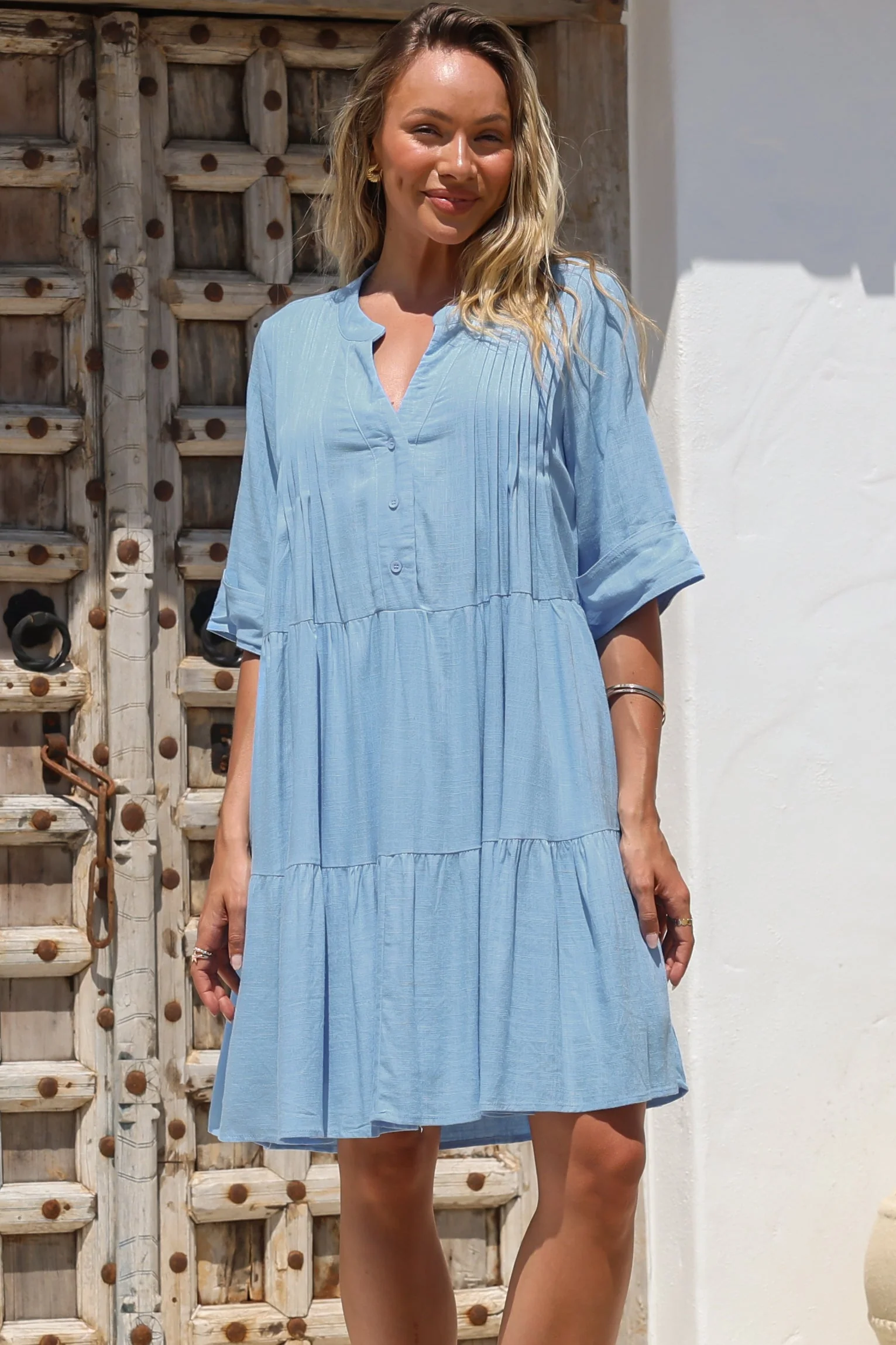 Ayva Mini Dress - 3/4 Sleeve Tiered Smock Dress in Blue - Image 7