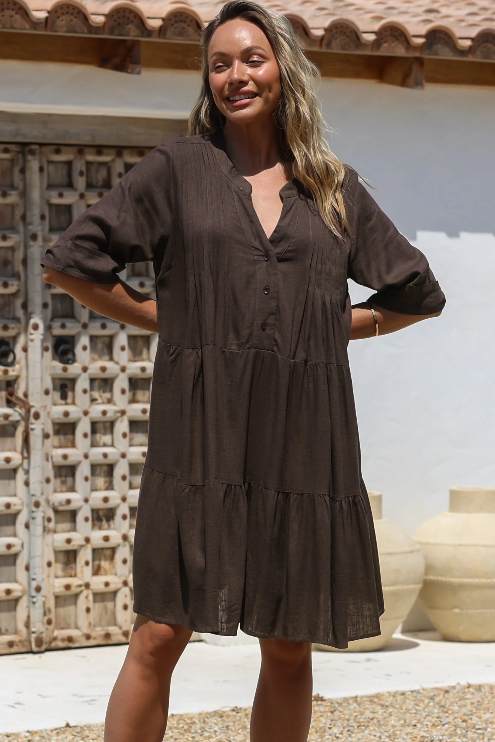 Ayva Mini Dress - 3/4 Sleeve Tiered Smock Dress in Chocolate - Image 3