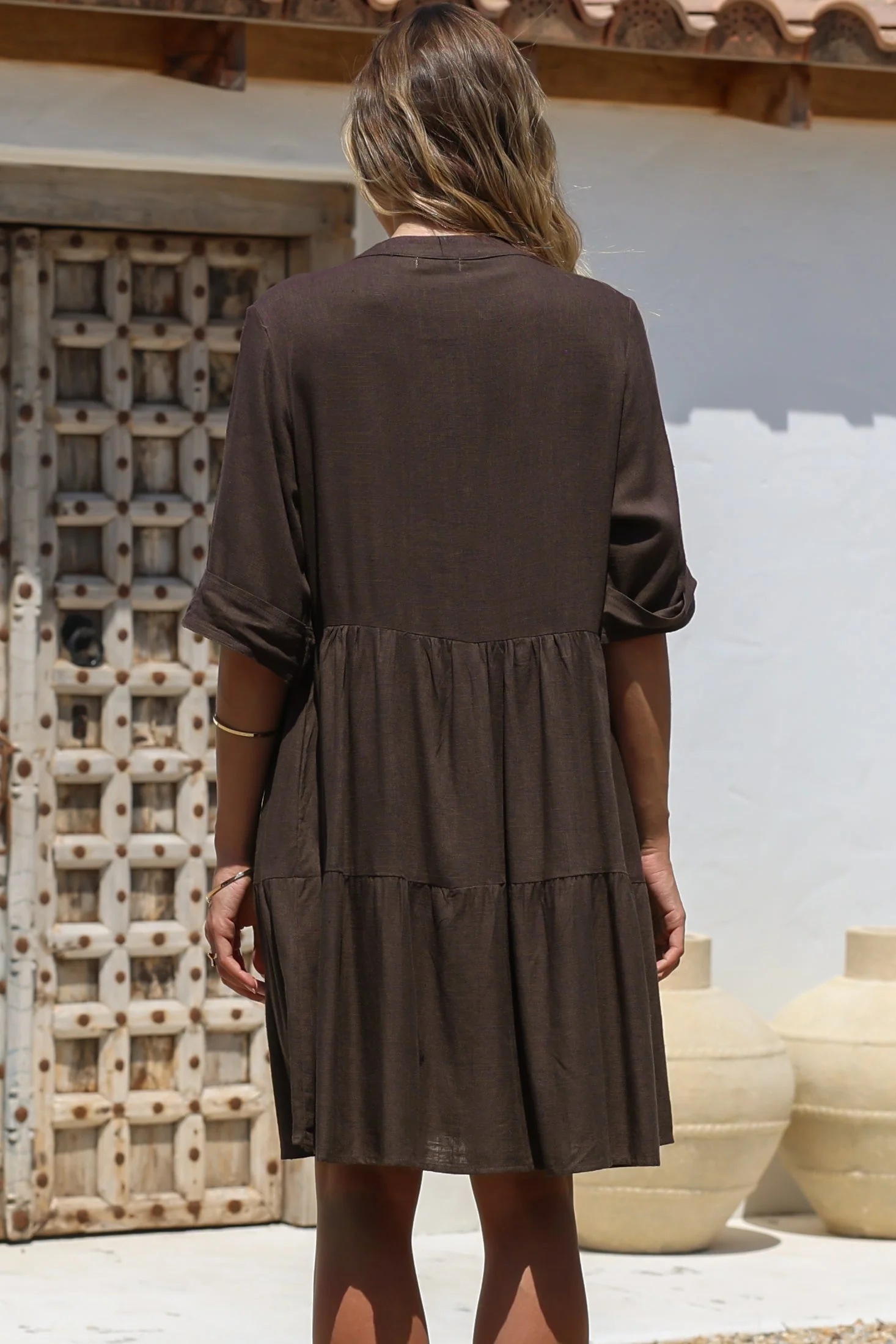 Ayva Mini Dress - 3/4 Sleeve Tiered Smock Dress in Chocolate - Image 9