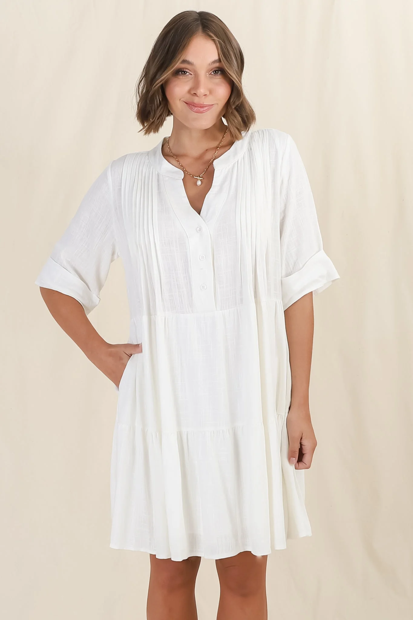 Ayva Mini Dress - 3/4 Sleeve Tiered Smock Dress in Off White - Image 10