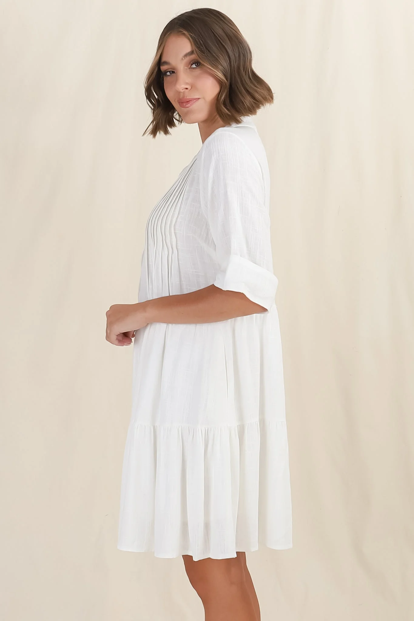 Ayva Mini Dress - 3/4 Sleeve Tiered Smock Dress in Off White - Image 11