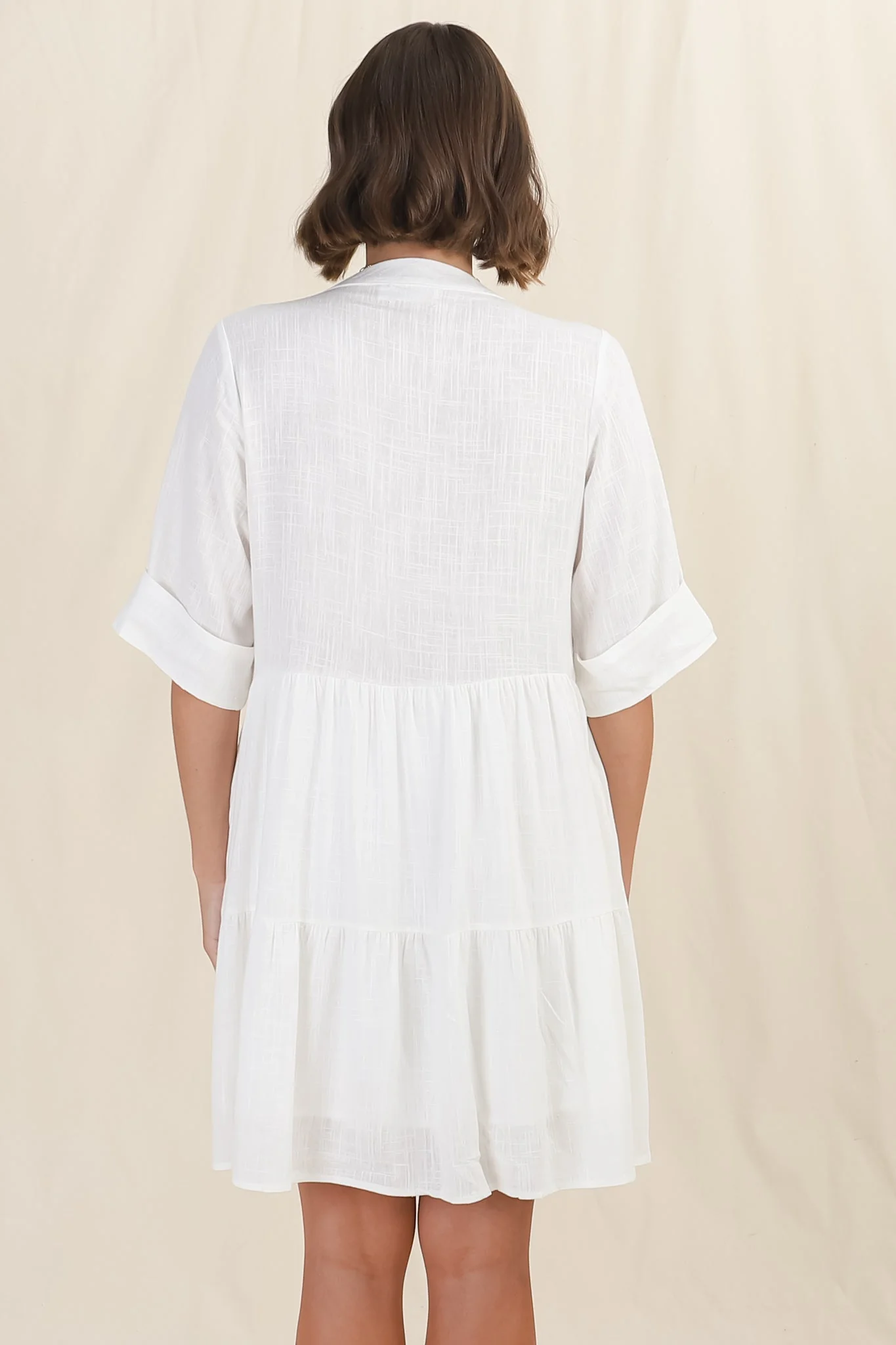Ayva Mini Dress - 3/4 Sleeve Tiered Smock Dress in Off White - Image 12