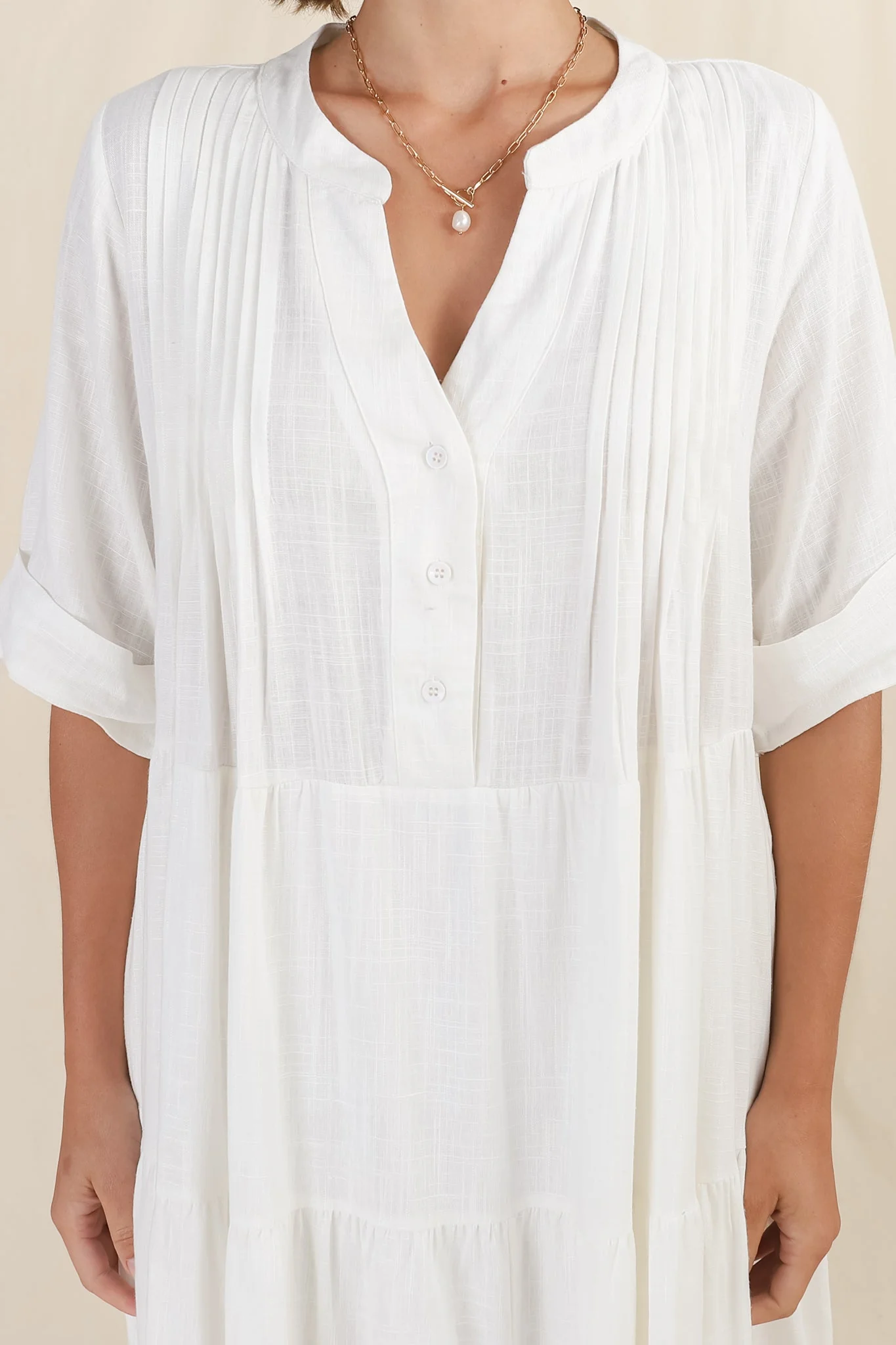 Ayva Mini Dress - 3/4 Sleeve Tiered Smock Dress in Off White - Image 13