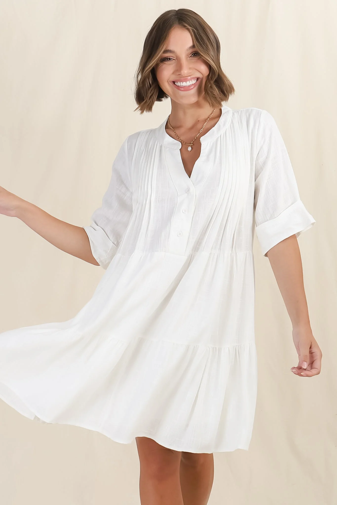 Ayva Mini Dress - 3/4 Sleeve Tiered Smock Dress in Off White - Image 4