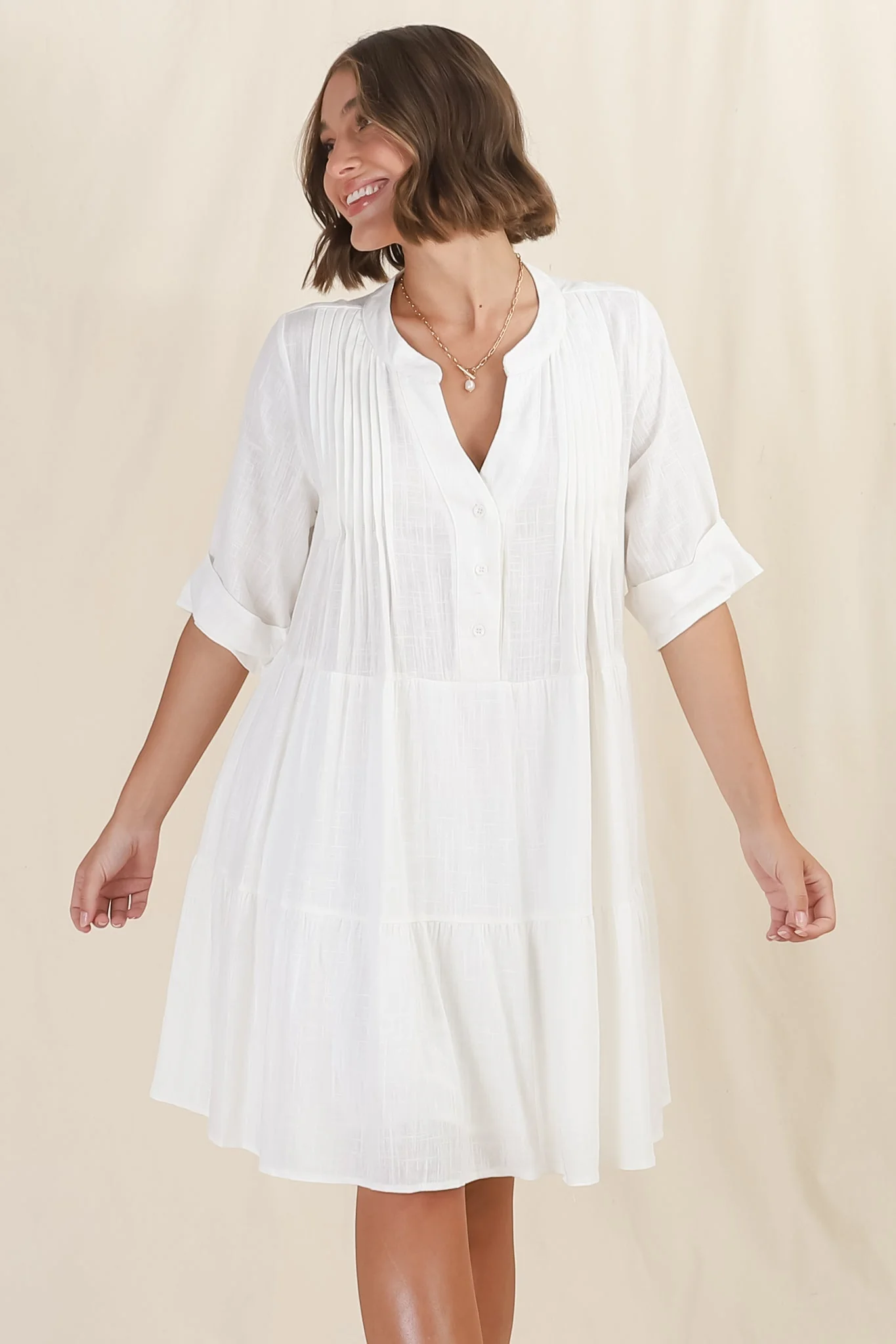 Ayva Mini Dress - 3/4 Sleeve Tiered Smock Dress in Off White - Image 7
