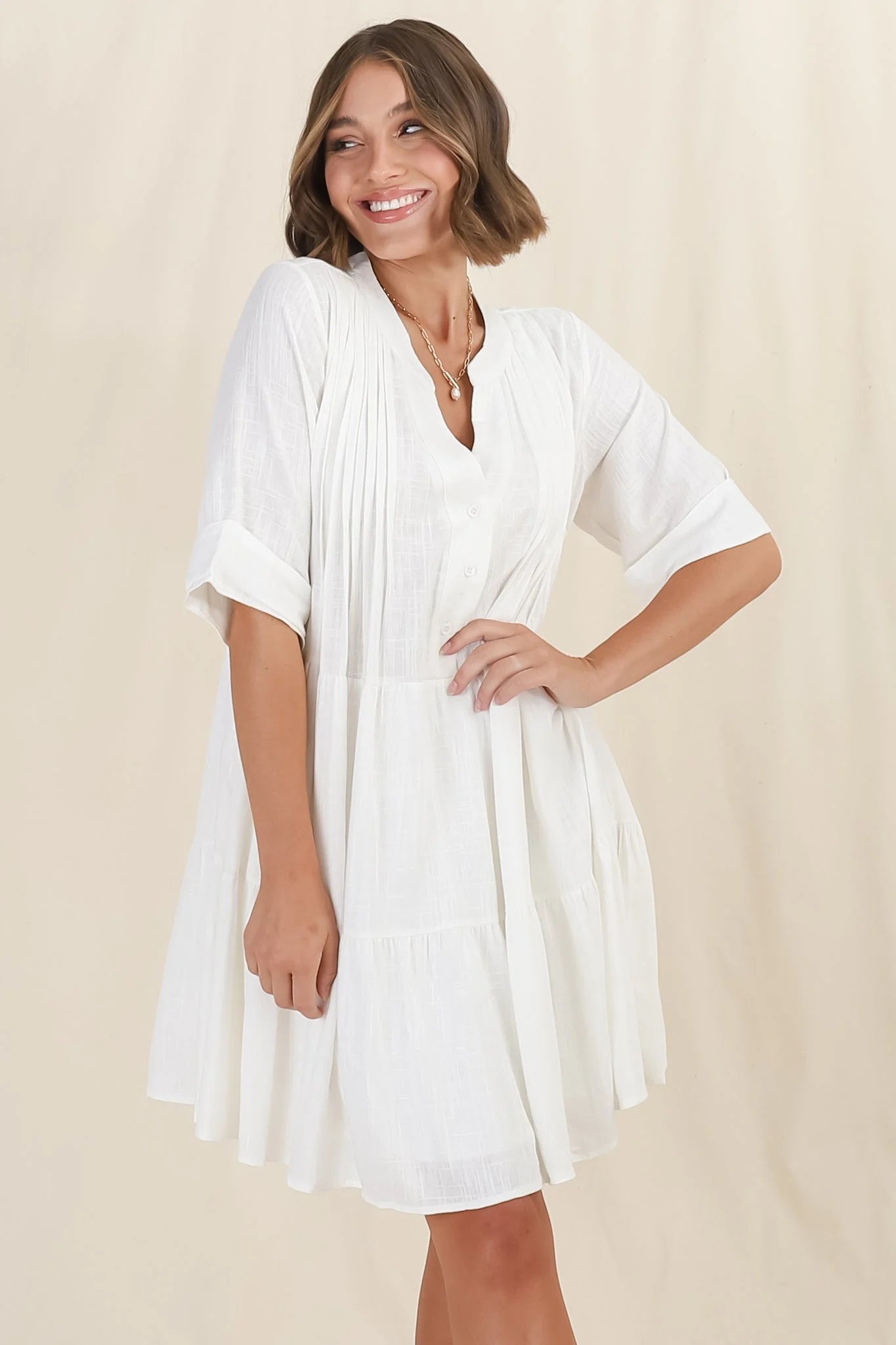 Ayva Mini Dress - 3/4 Sleeve Tiered Smock Dress in Off White - Image 8