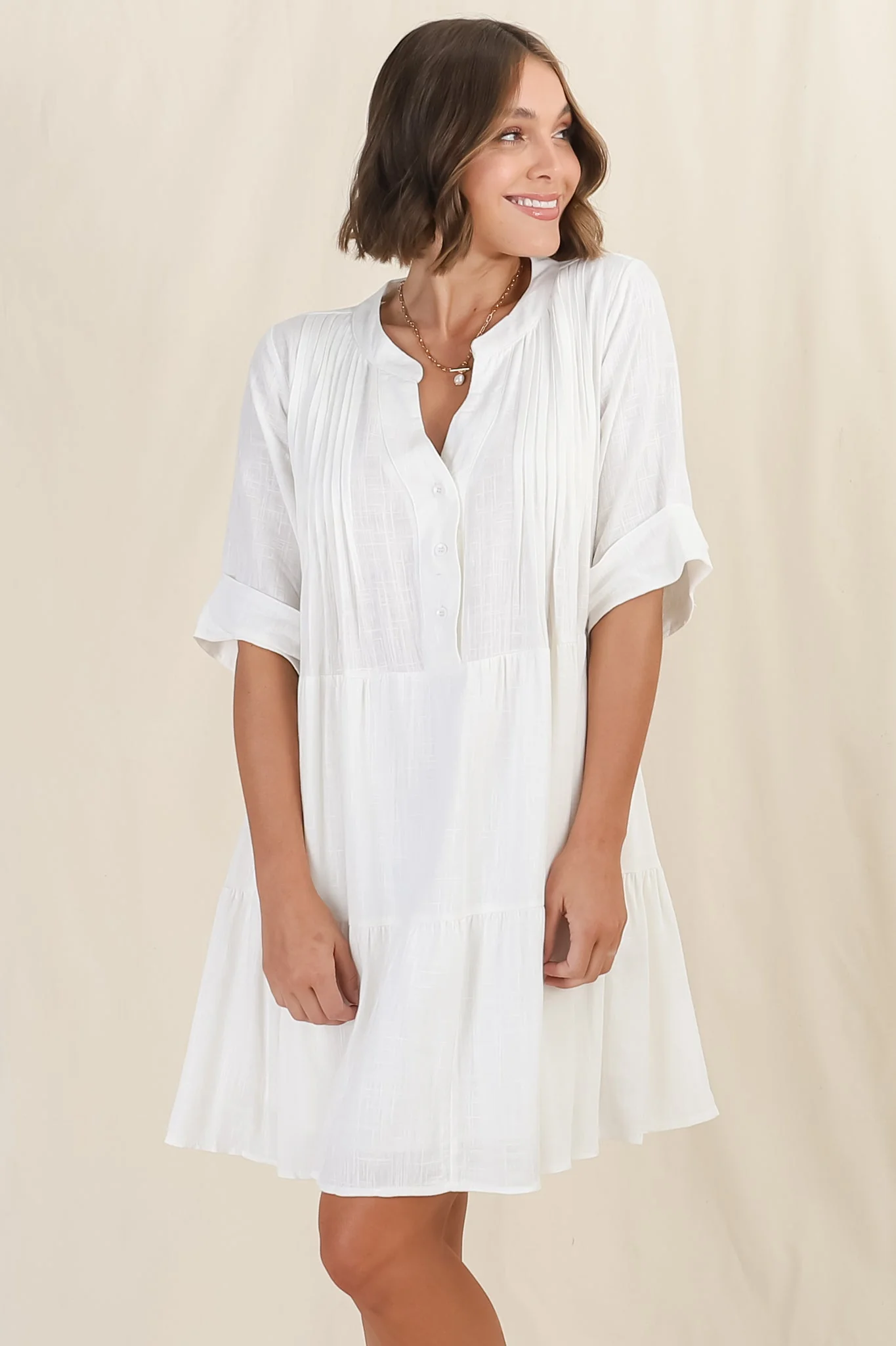 Ayva Mini Dress - 3/4 Sleeve Tiered Smock Dress in Off White - Image 9