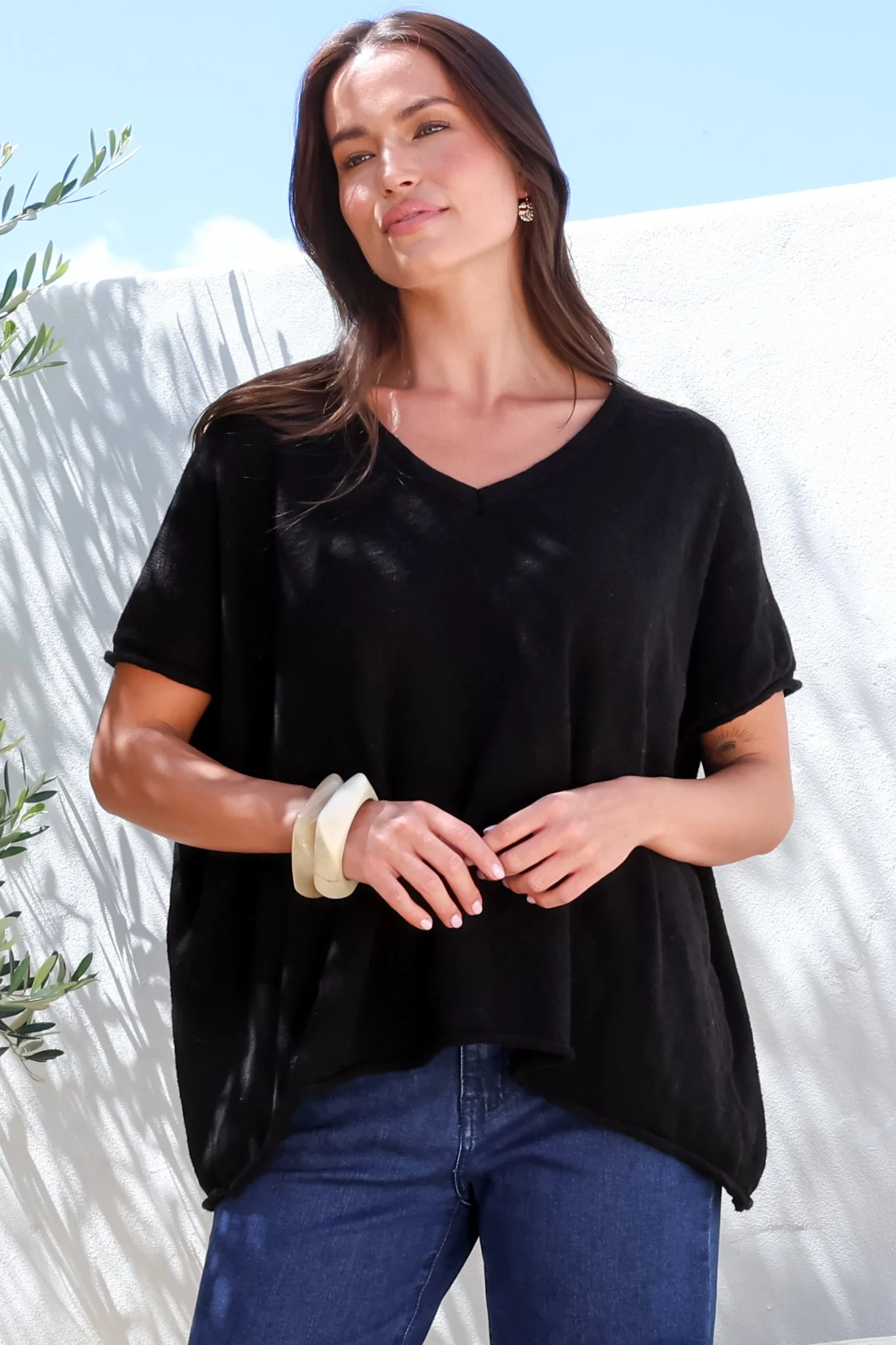 Baha Knit Top - Relaxed V Neck Cotton Knit with Short Sleeves in Black - Image 5