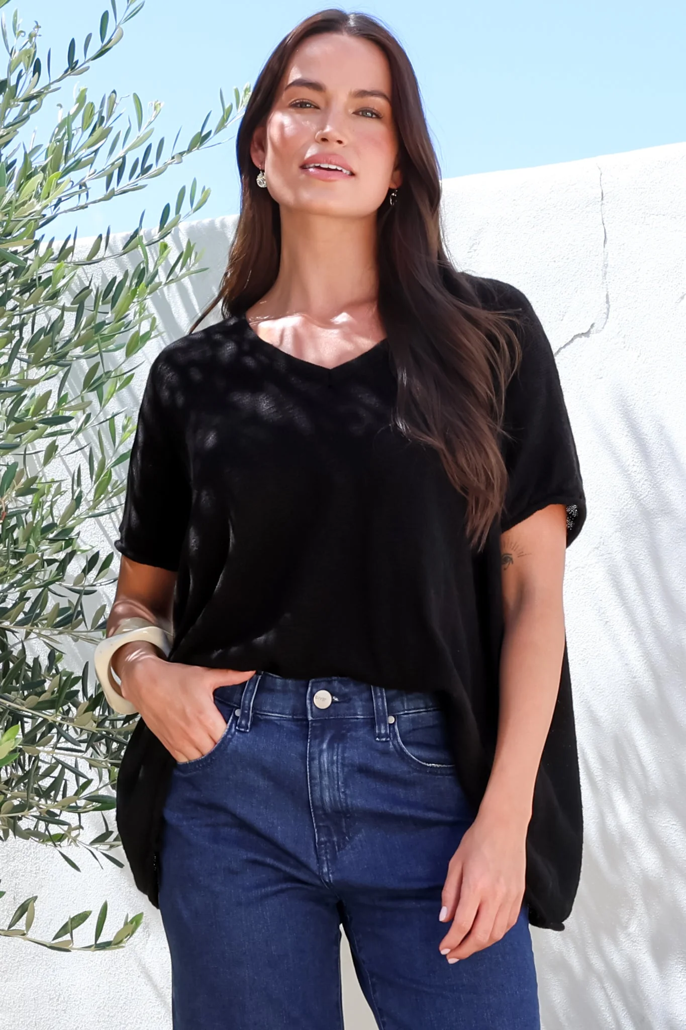 Baha Knit Top - Relaxed V Neck Cotton Knit with Short Sleeves in Black - Image 6