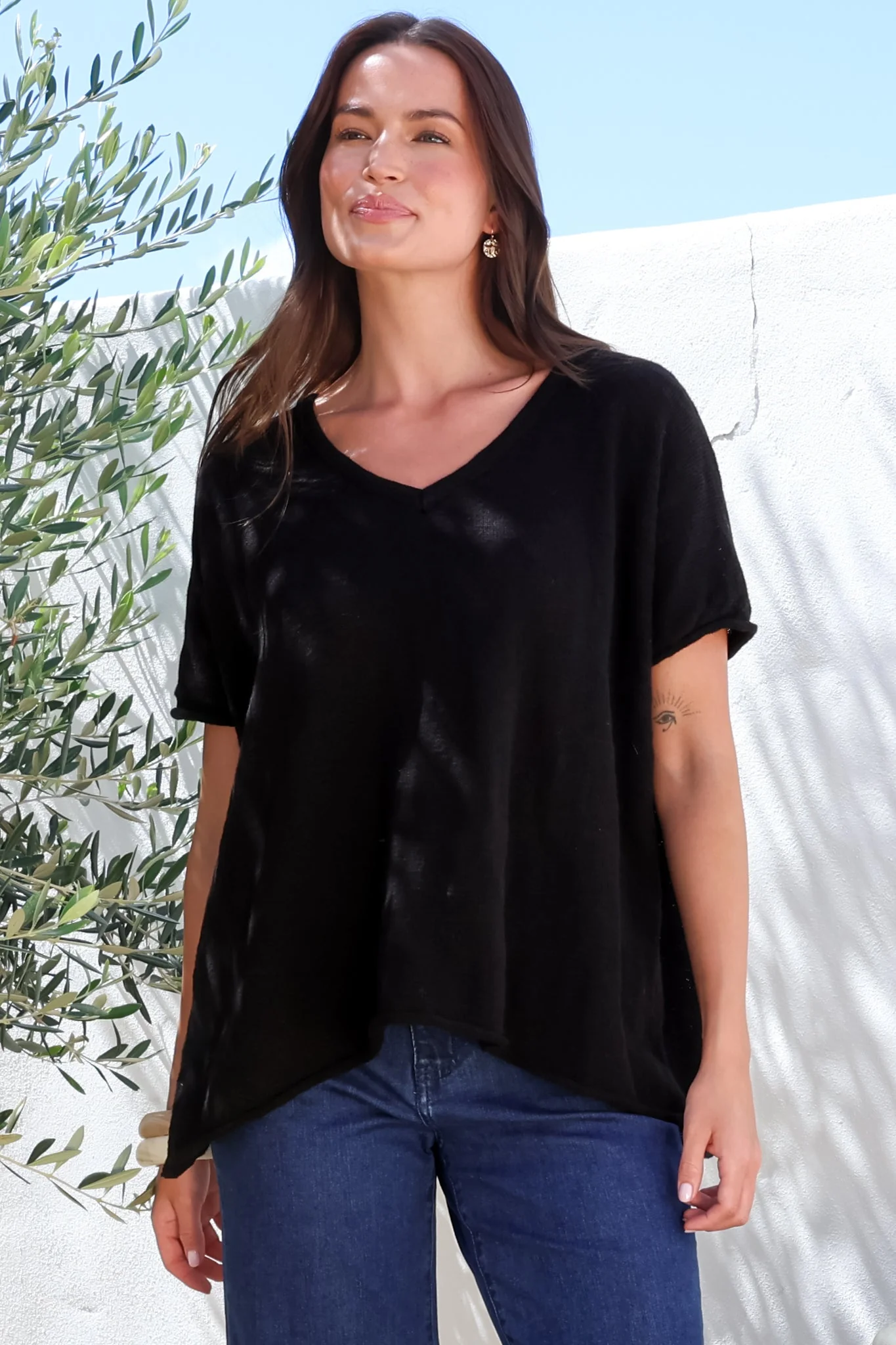 Baha Knit Top - Relaxed V Neck Cotton Knit with Short Sleeves in Black - Image 7