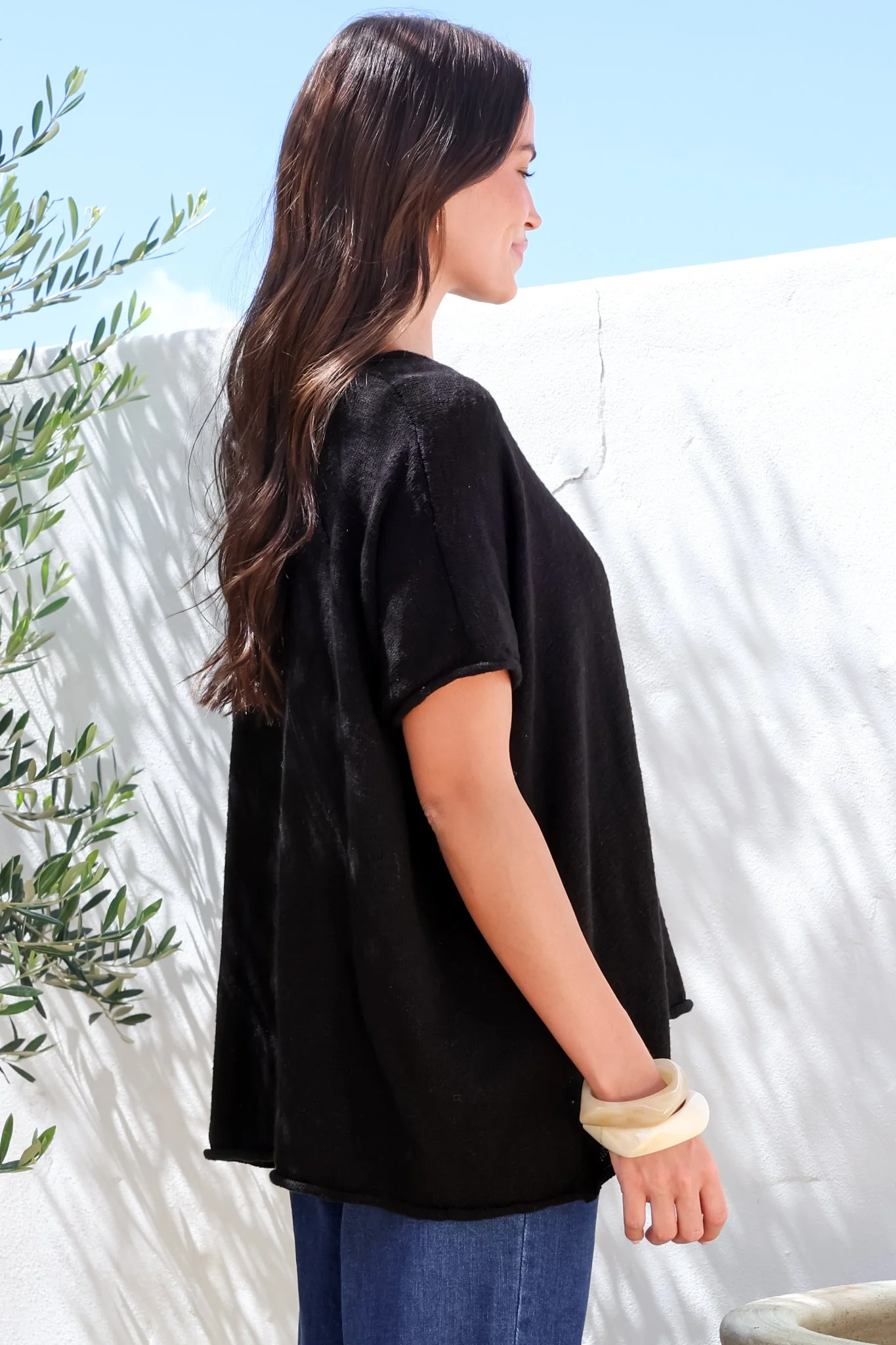 Baha Knit Top - Relaxed V Neck Cotton Knit with Short Sleeves in Black - Image 8