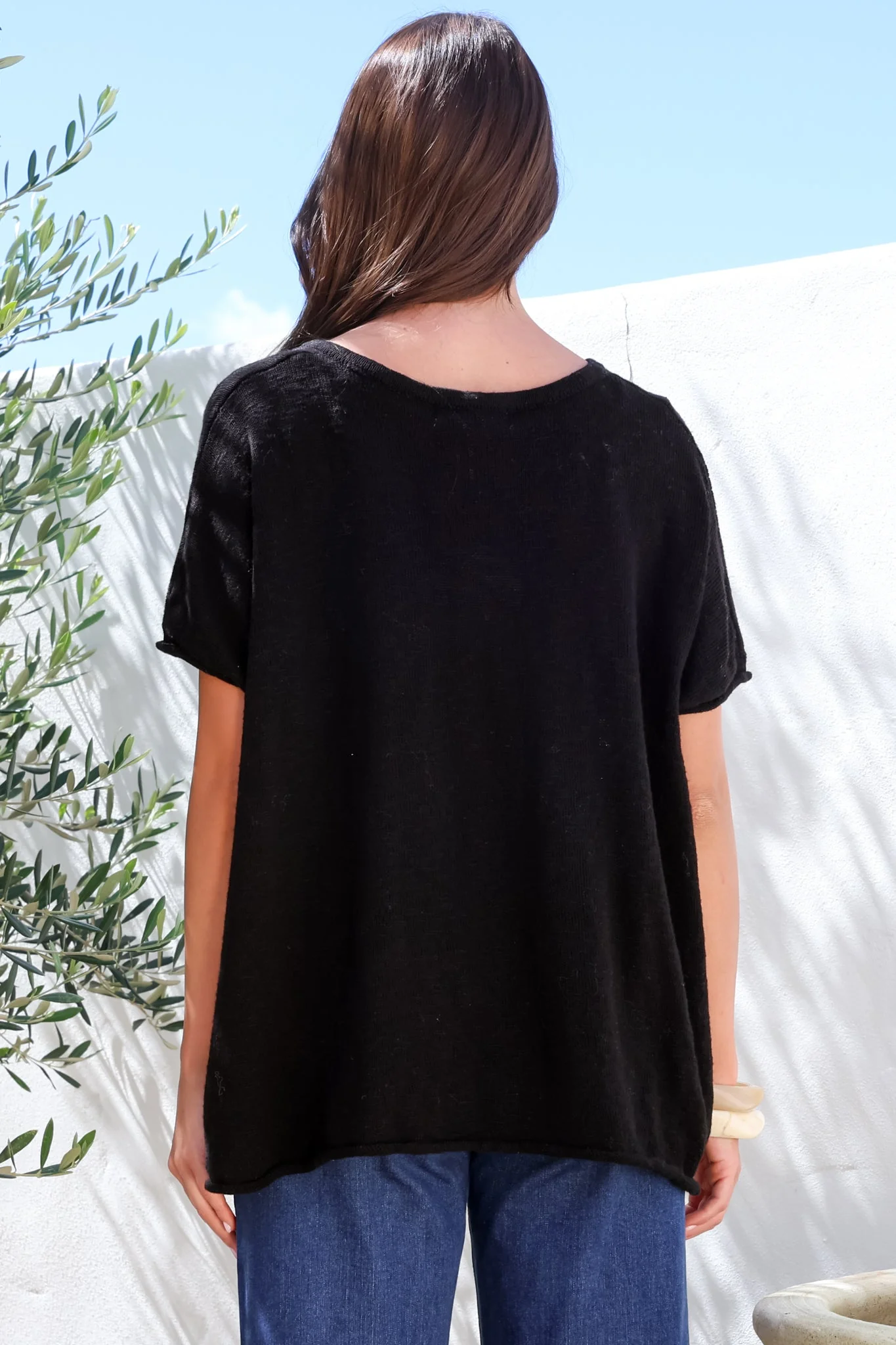 Baha Knit Top - Relaxed V Neck Cotton Knit with Short Sleeves in Black - Image 9