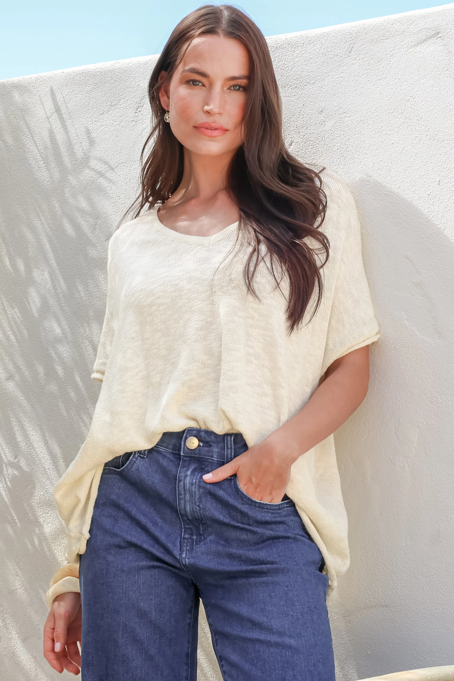 Baha Knit Top - Relaxed V Neck Cotton Knit with Short Sleeves in White - Image 6