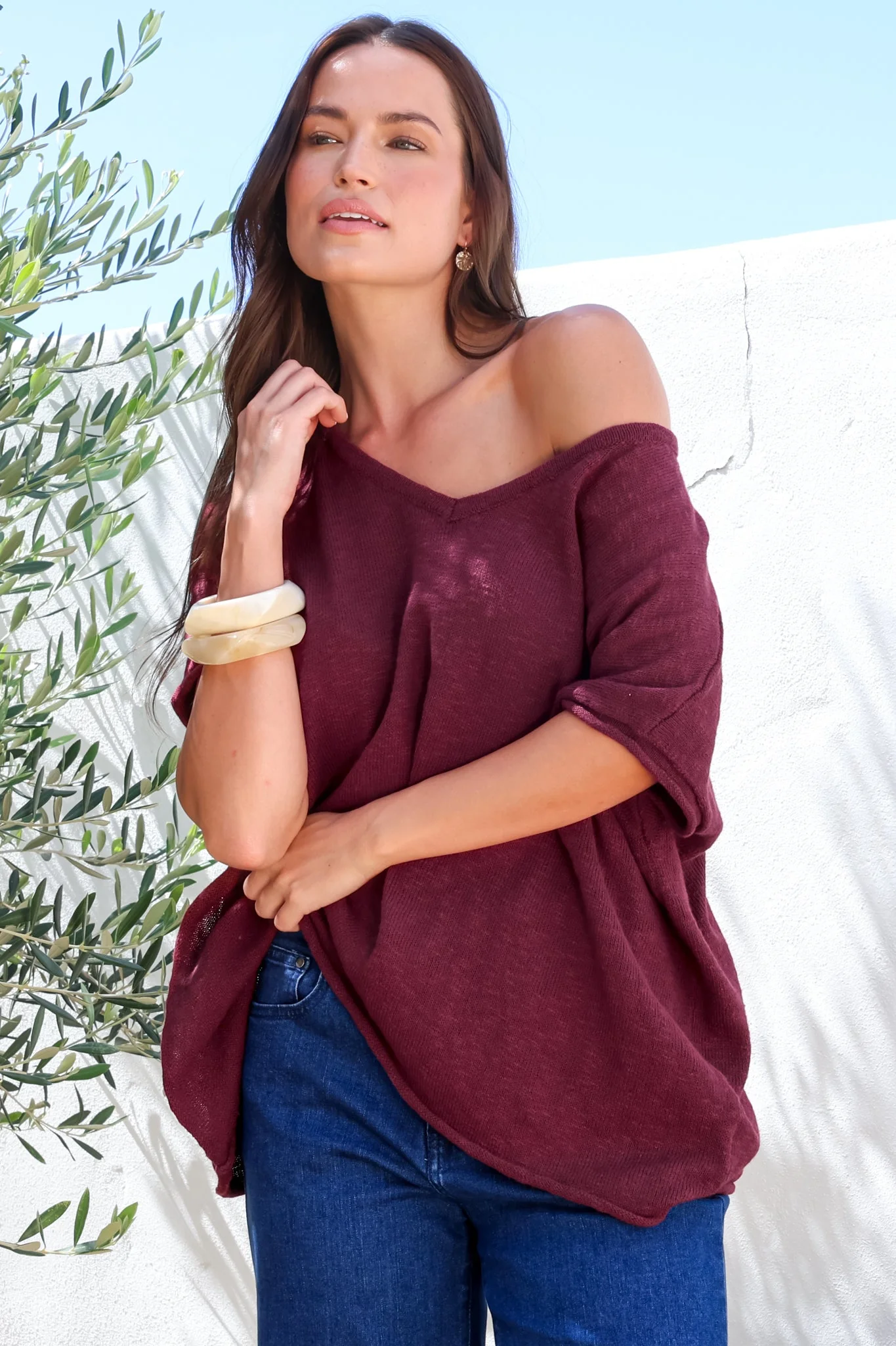 Baha Knit Top - Relaxed V Neck Cotton Knit with Short Sleeves in Wine - Image 5