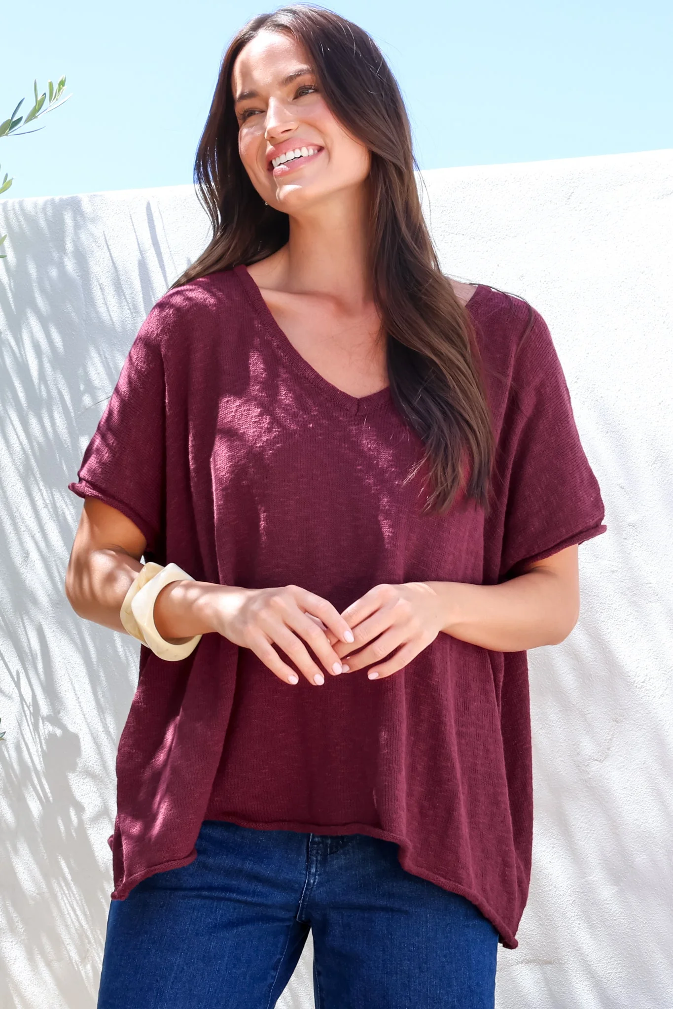 Baha Knit Top - Relaxed V Neck Cotton Knit with Short Sleeves in Wine - Image 6