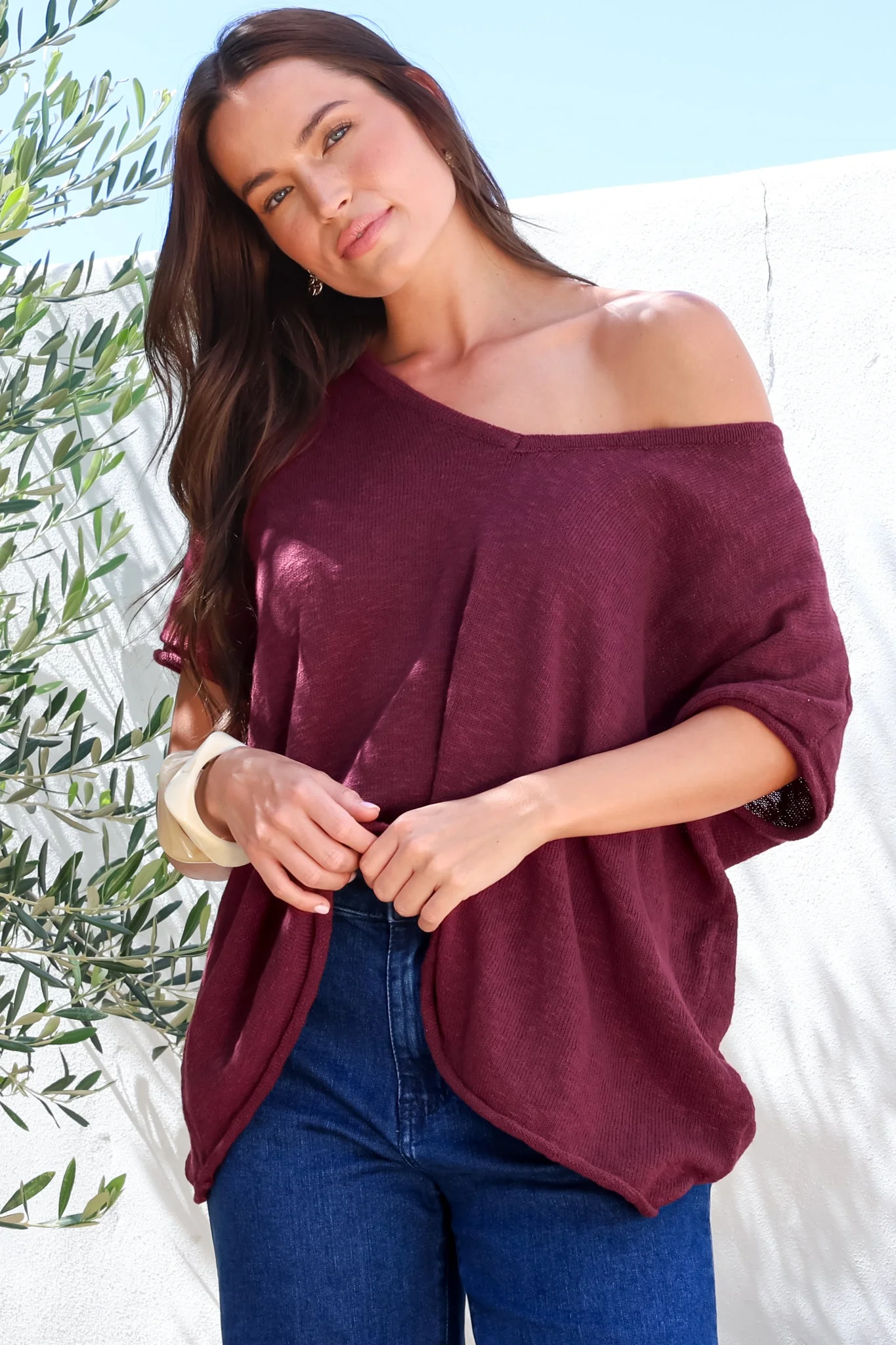 Baha Knit Top - Relaxed V Neck Cotton Knit with Short Sleeves in Wine - Image 7
