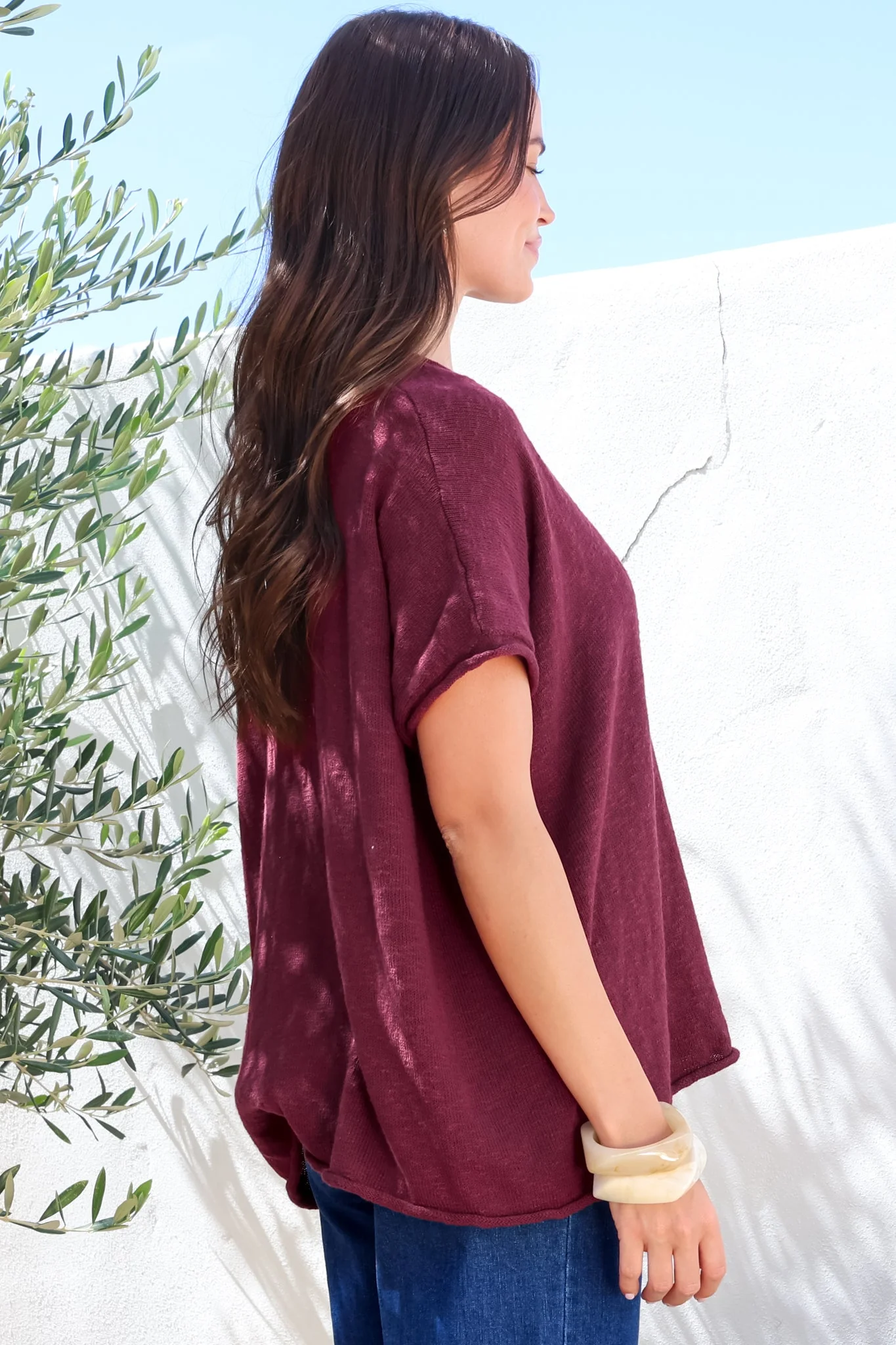 Baha Knit Top - Relaxed V Neck Cotton Knit with Short Sleeves in Wine - Image 8