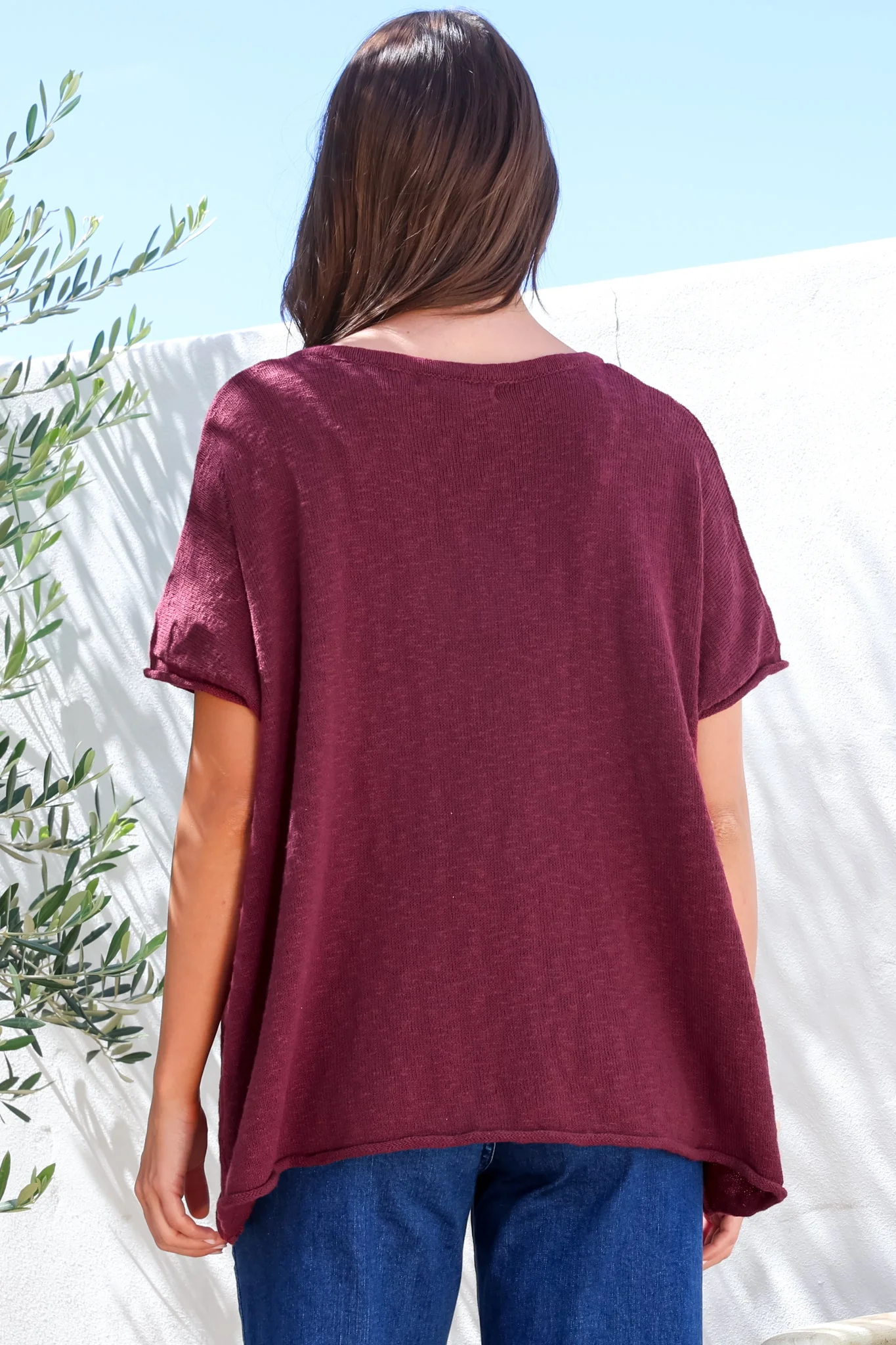 Baha Knit Top - Relaxed V Neck Cotton Knit with Short Sleeves in Wine - Image 9