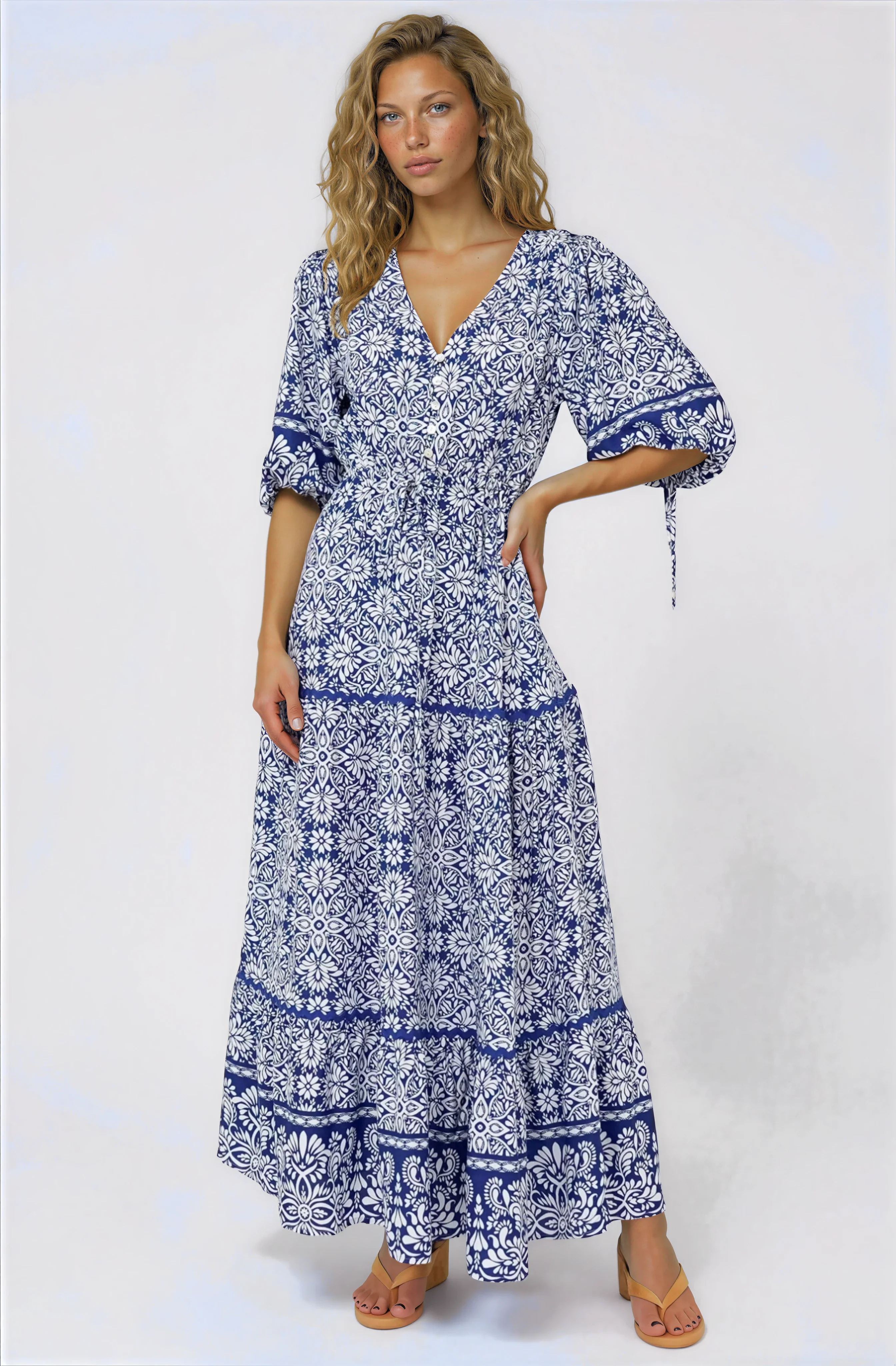 Baxter Maxi Dress - 3/4 Sleeve Tiered Dress with Ric Rac Splicing in Harley Print Blue