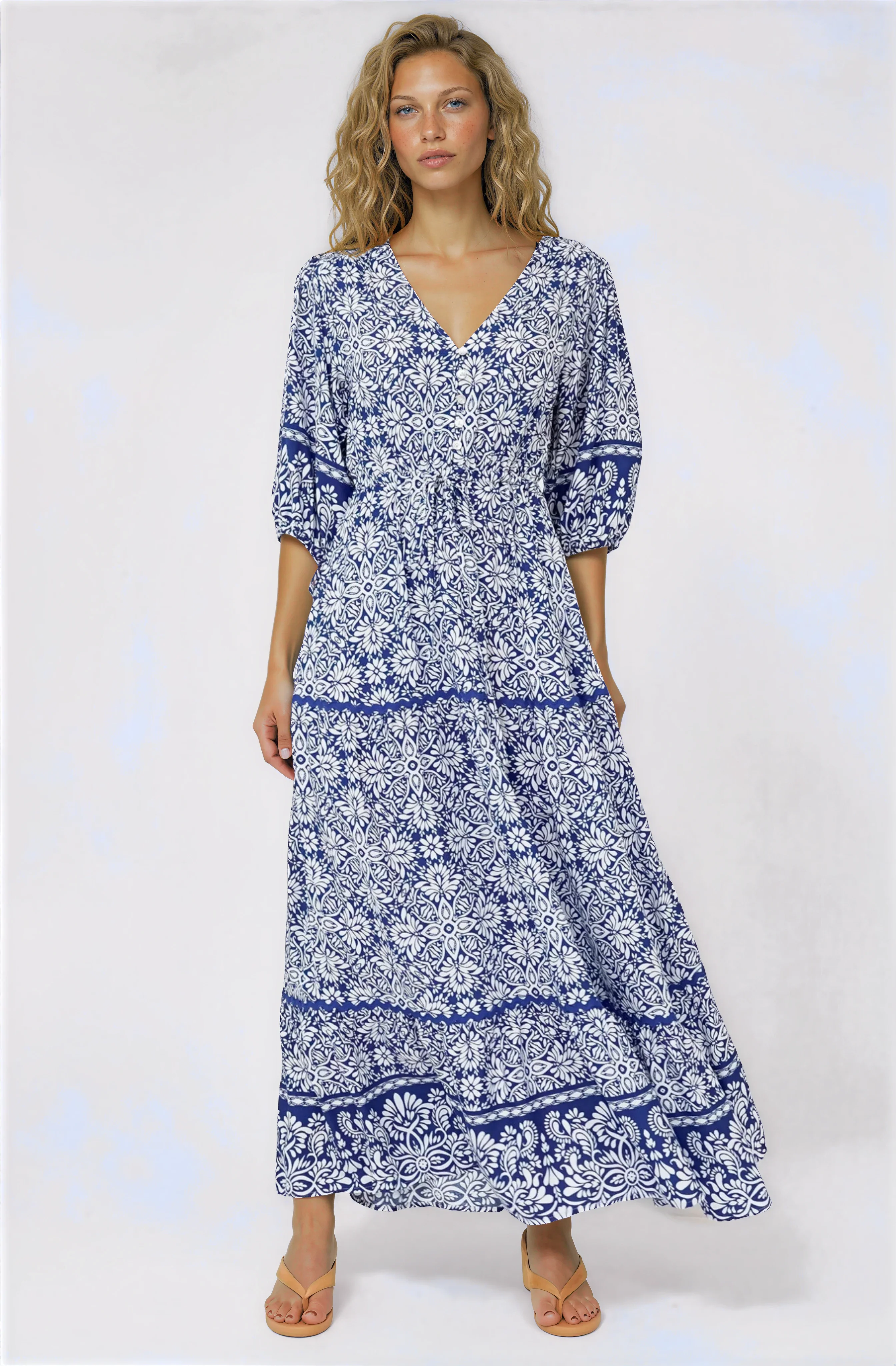 Baxter Maxi Dress - 3/4 Sleeve Tiered Dress with Ric Rac Splicing in Harley Print Blue - Image 2
