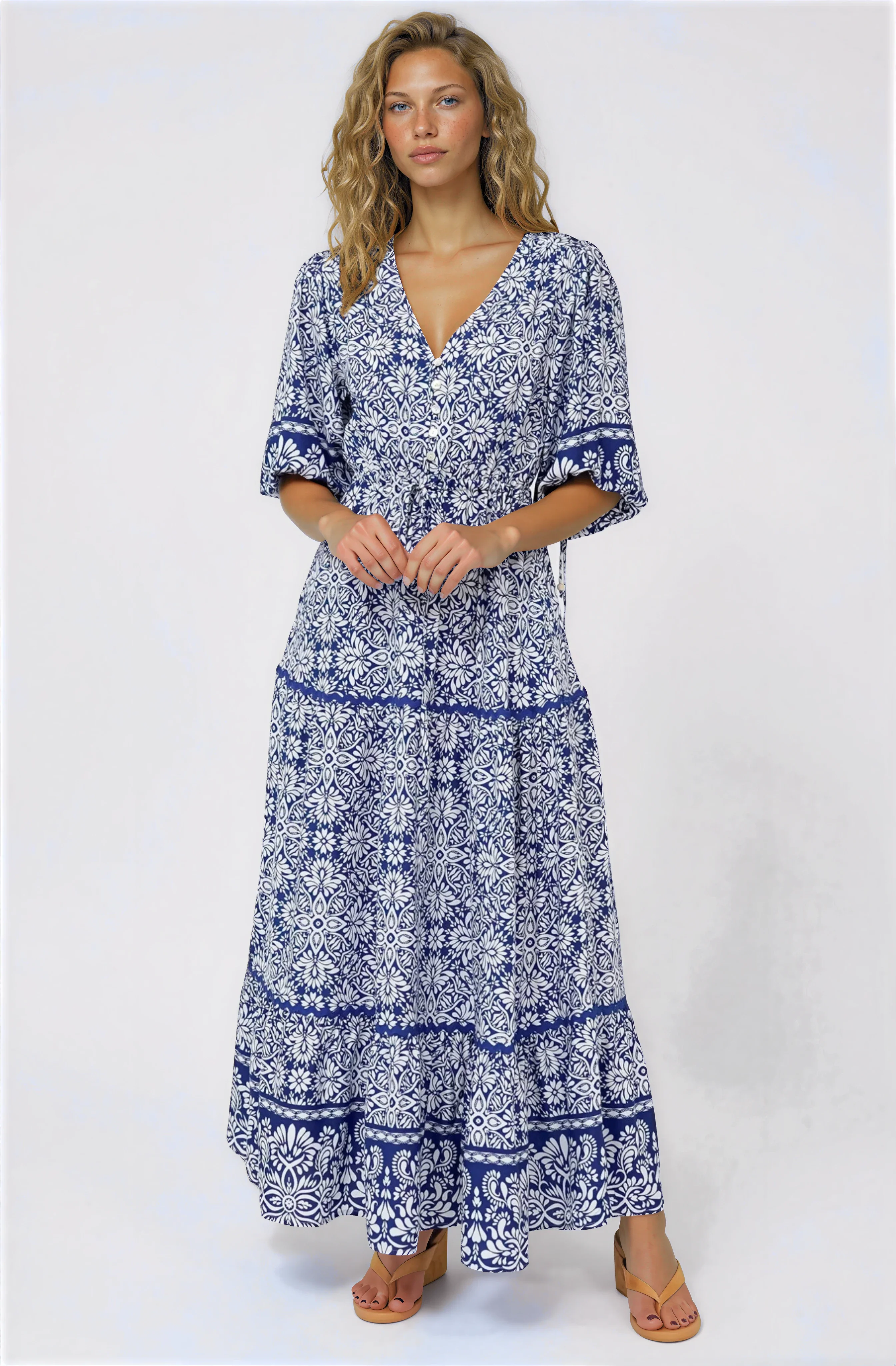 Baxter Maxi Dress - 3/4 Sleeve Tiered Dress with Ric Rac Splicing in Harley Print Blue - Image 3