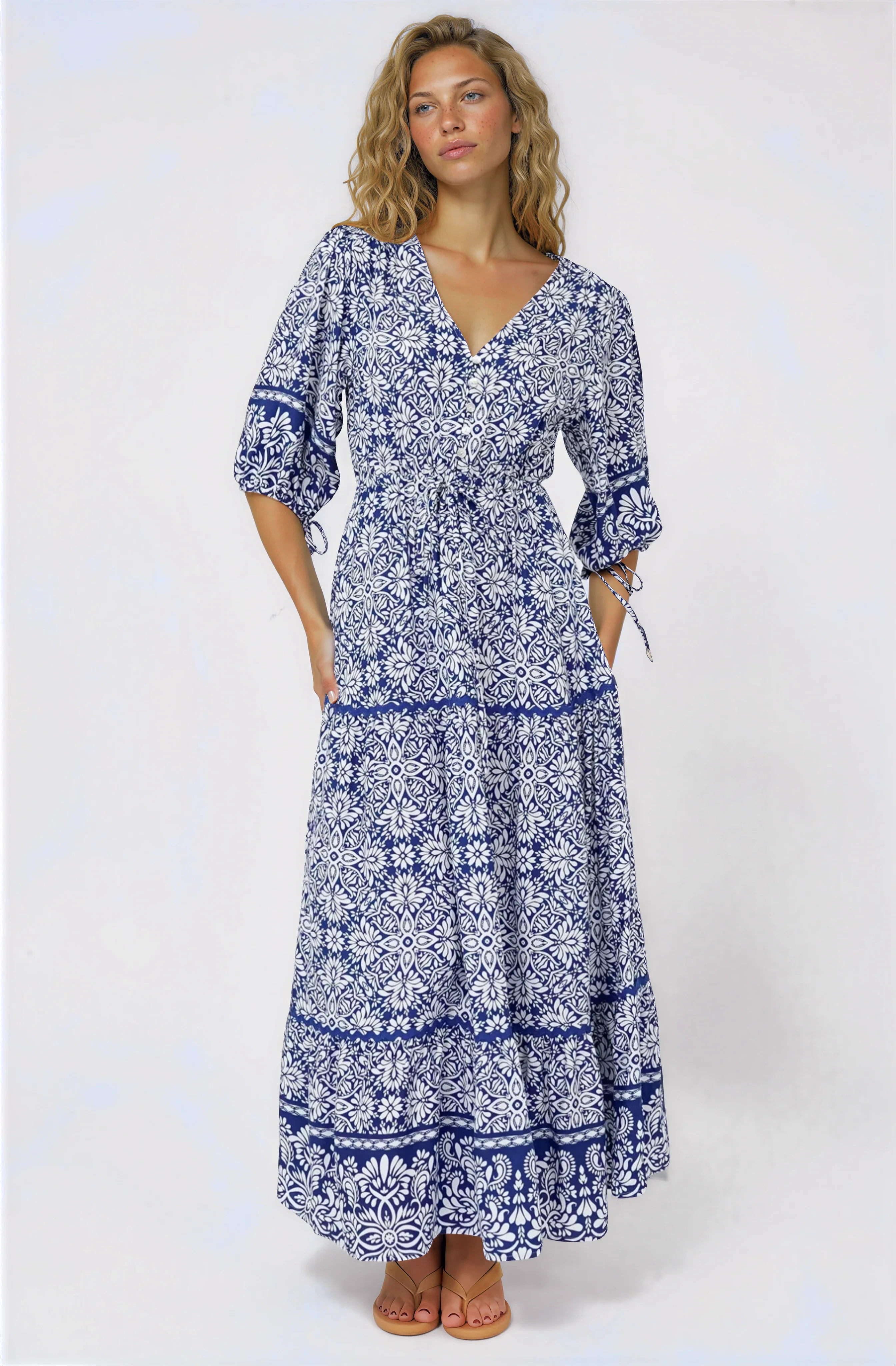 Baxter Maxi Dress - 3/4 Sleeve Tiered Dress with Ric Rac Splicing in Harley Print Blue - Image 4