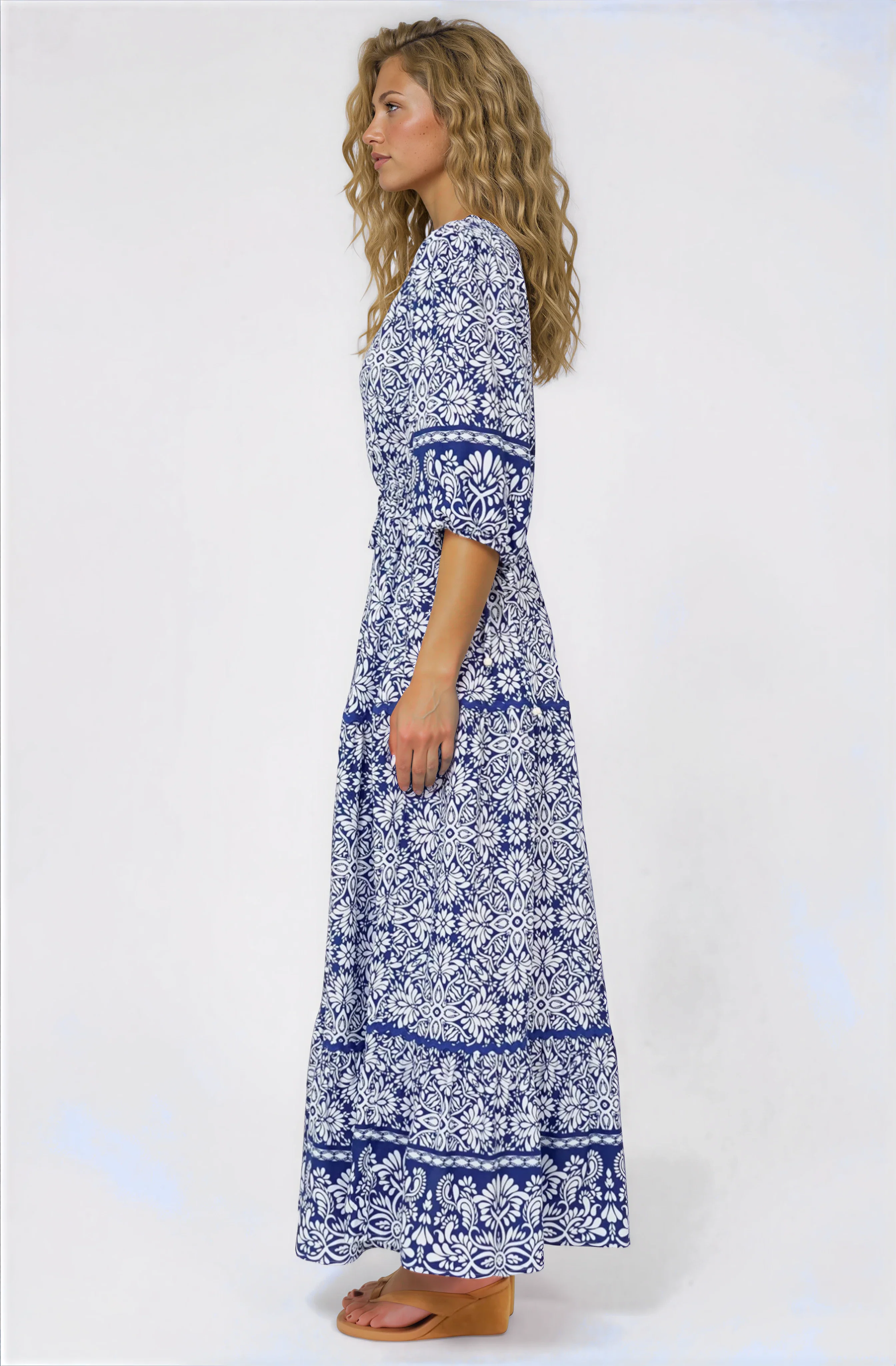 Baxter Maxi Dress - 3/4 Sleeve Tiered Dress with Ric Rac Splicing in Harley Print Blue - Image 5