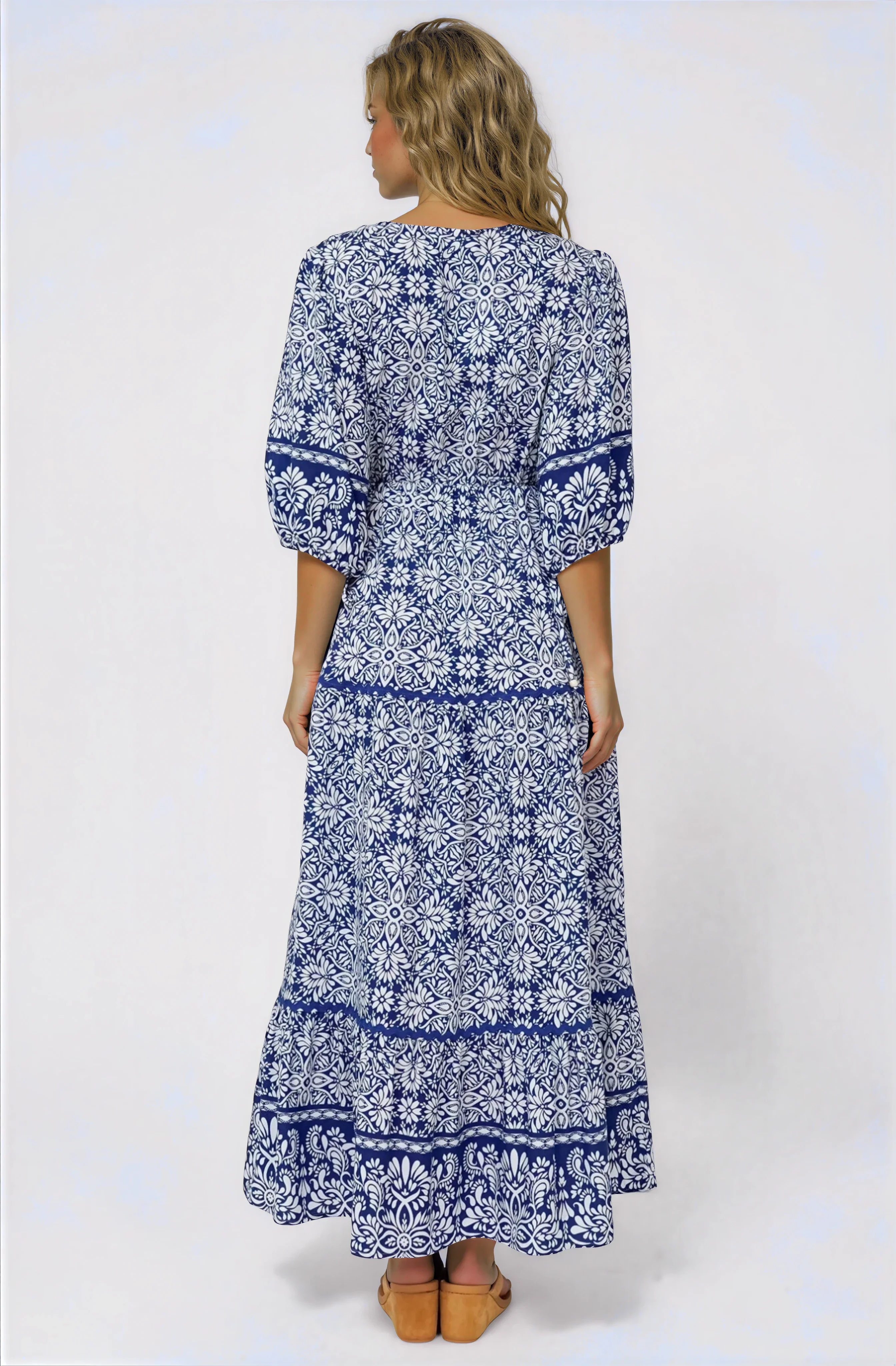 Baxter Maxi Dress - 3/4 Sleeve Tiered Dress with Ric Rac Splicing in Harley Print Blue - Image 6