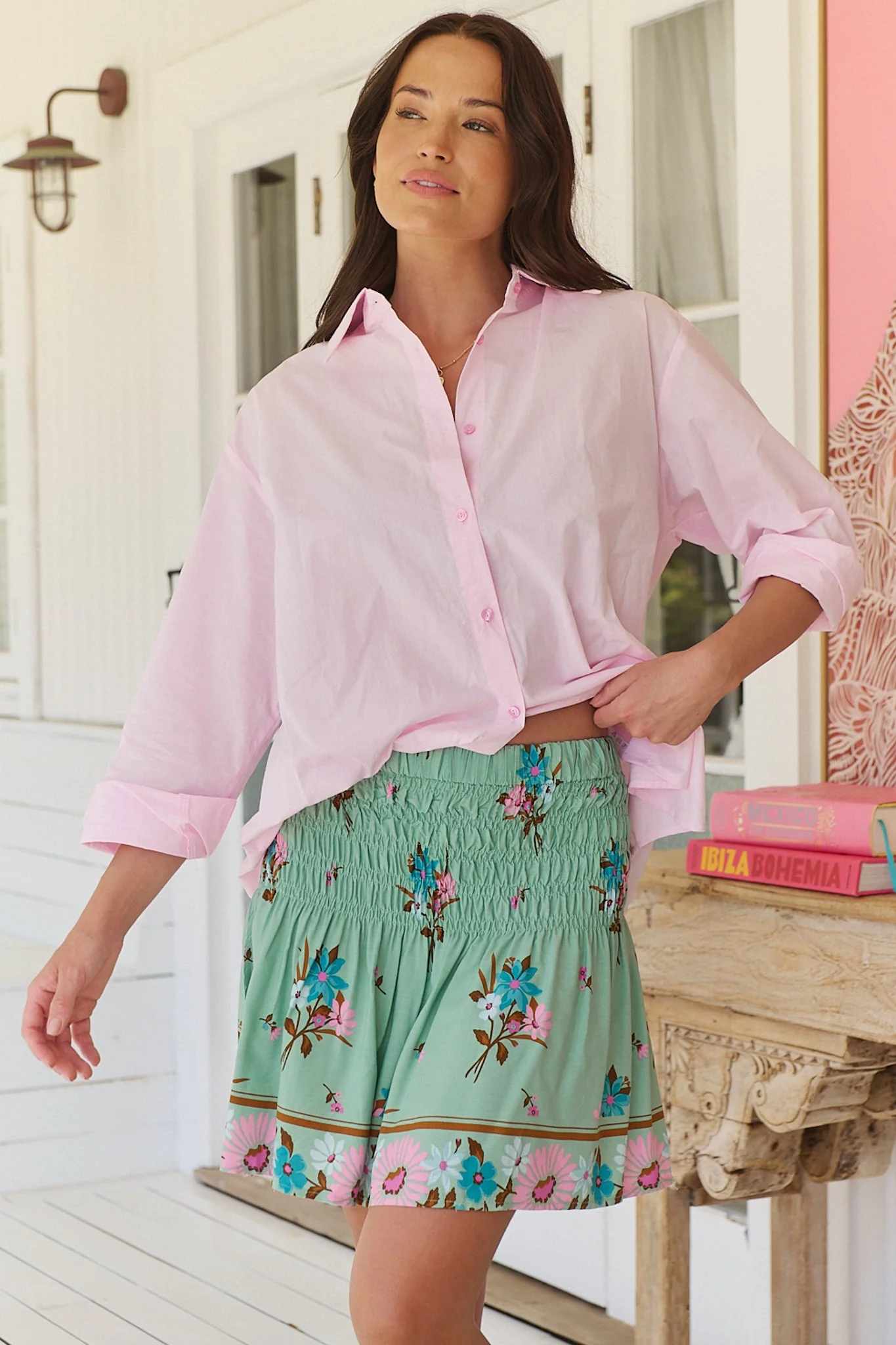 JAASE - Becca Mini Skirt: Shirred High Waisted Skirt in Maribel Print - Image 4