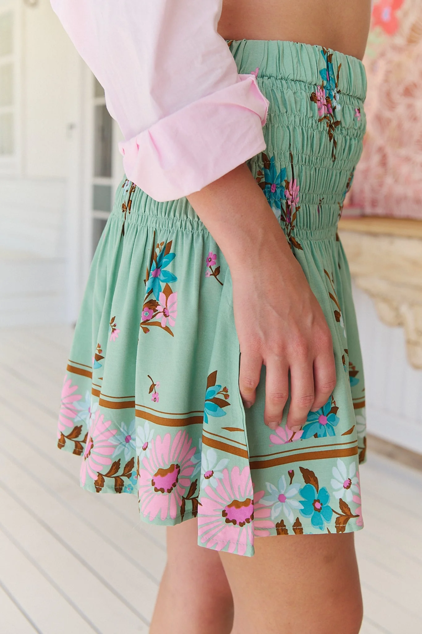 JAASE - Becca Mini Skirt: Shirred High Waisted Skirt in Maribel Print - Image 6