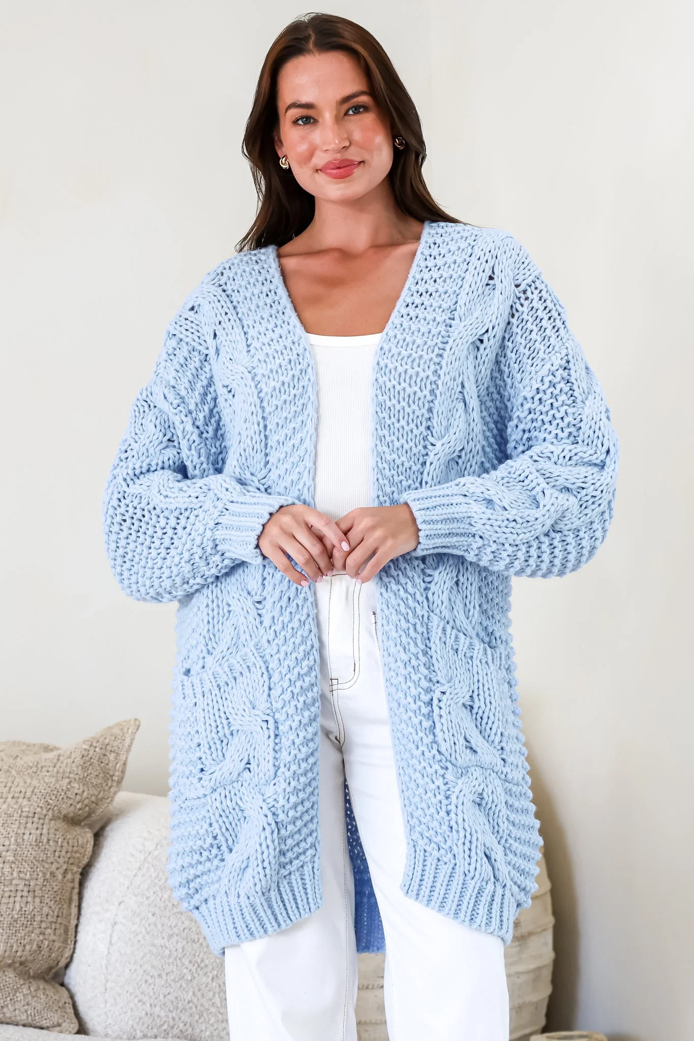 Beckett Cardigan - Open Front Chunky Cable Knit with Pockets in Powder Blue