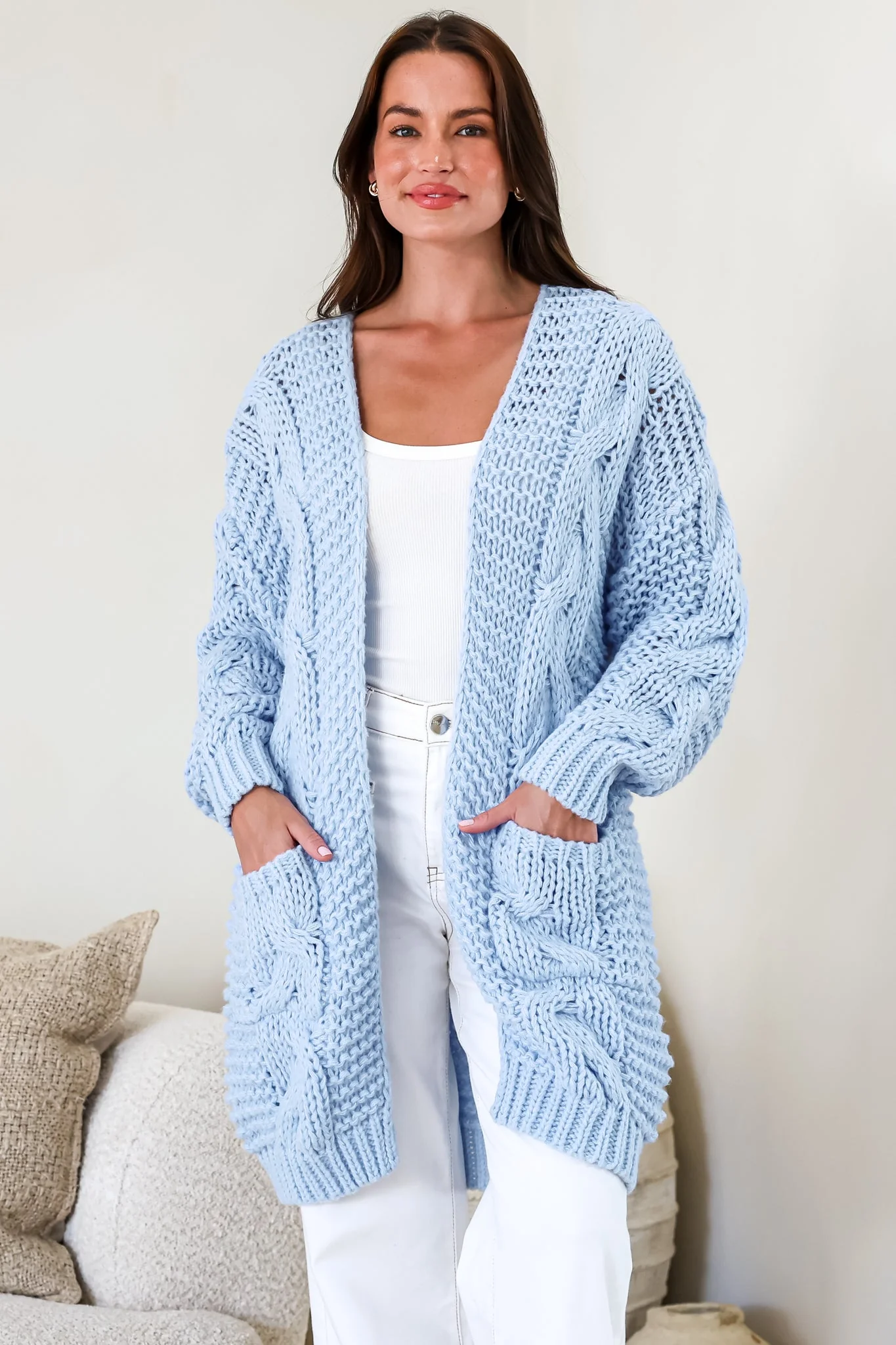 Beckett Cardigan - Open Front Chunky Cable Knit with Pockets in Powder Blue - Image 3