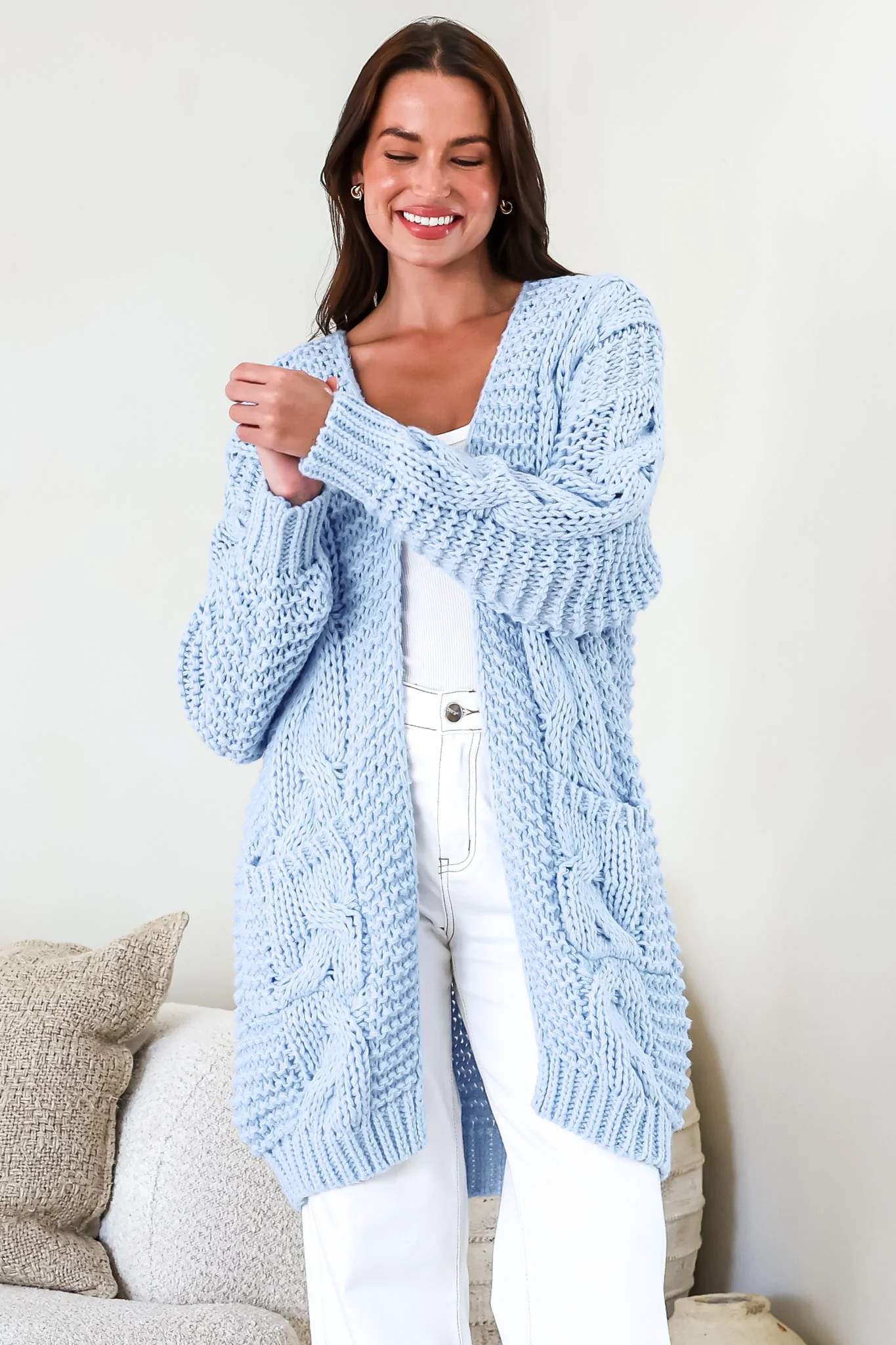 Beckett Cardigan - Open Front Chunky Cable Knit with Pockets in Powder Blue - Image 4